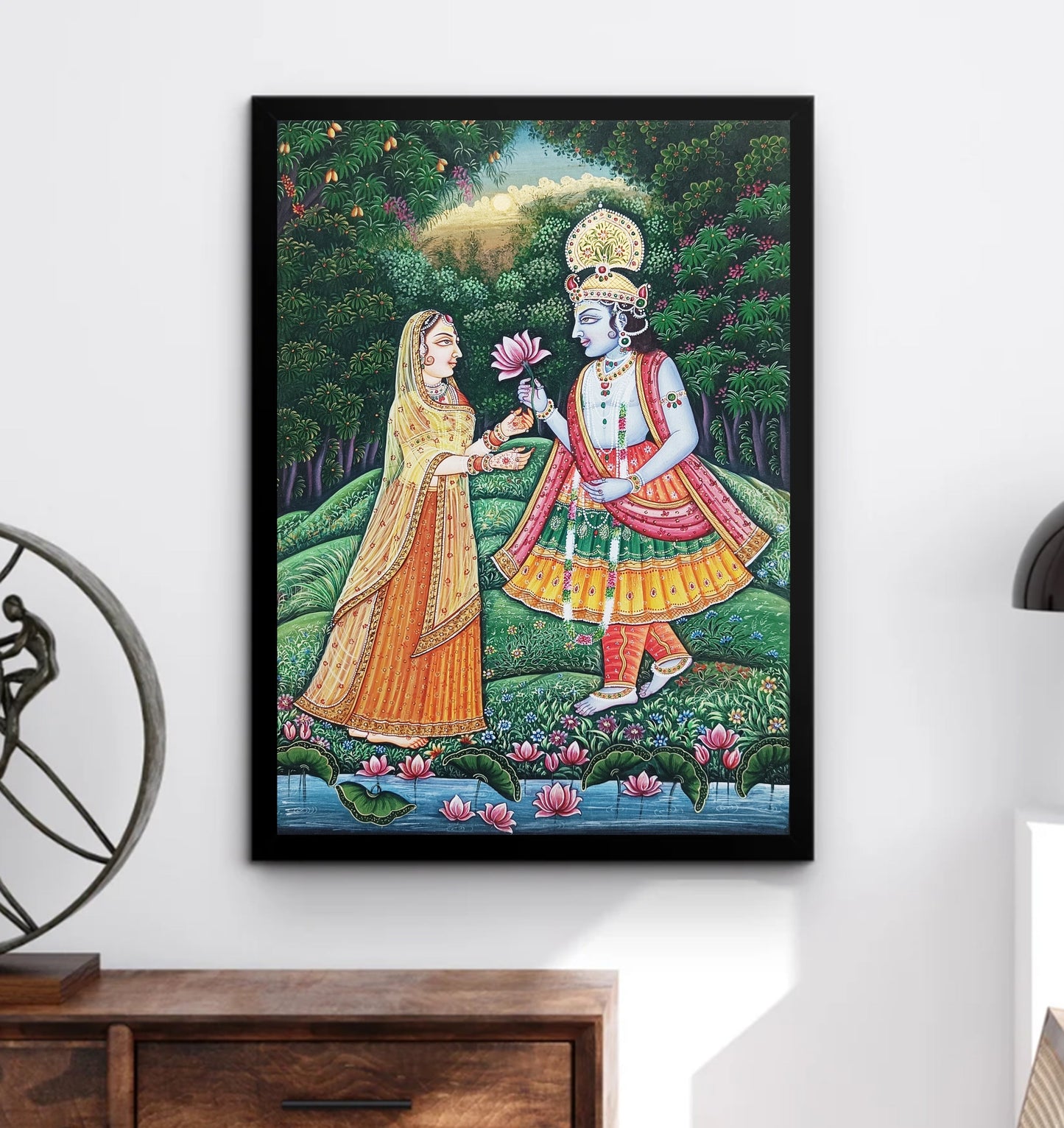 Radha Krishna Detailed Pichwai Handmade Painting, Original Krishna Ras Leela Scene Wall Hanging Home Decorative Art - Jaipur Earth