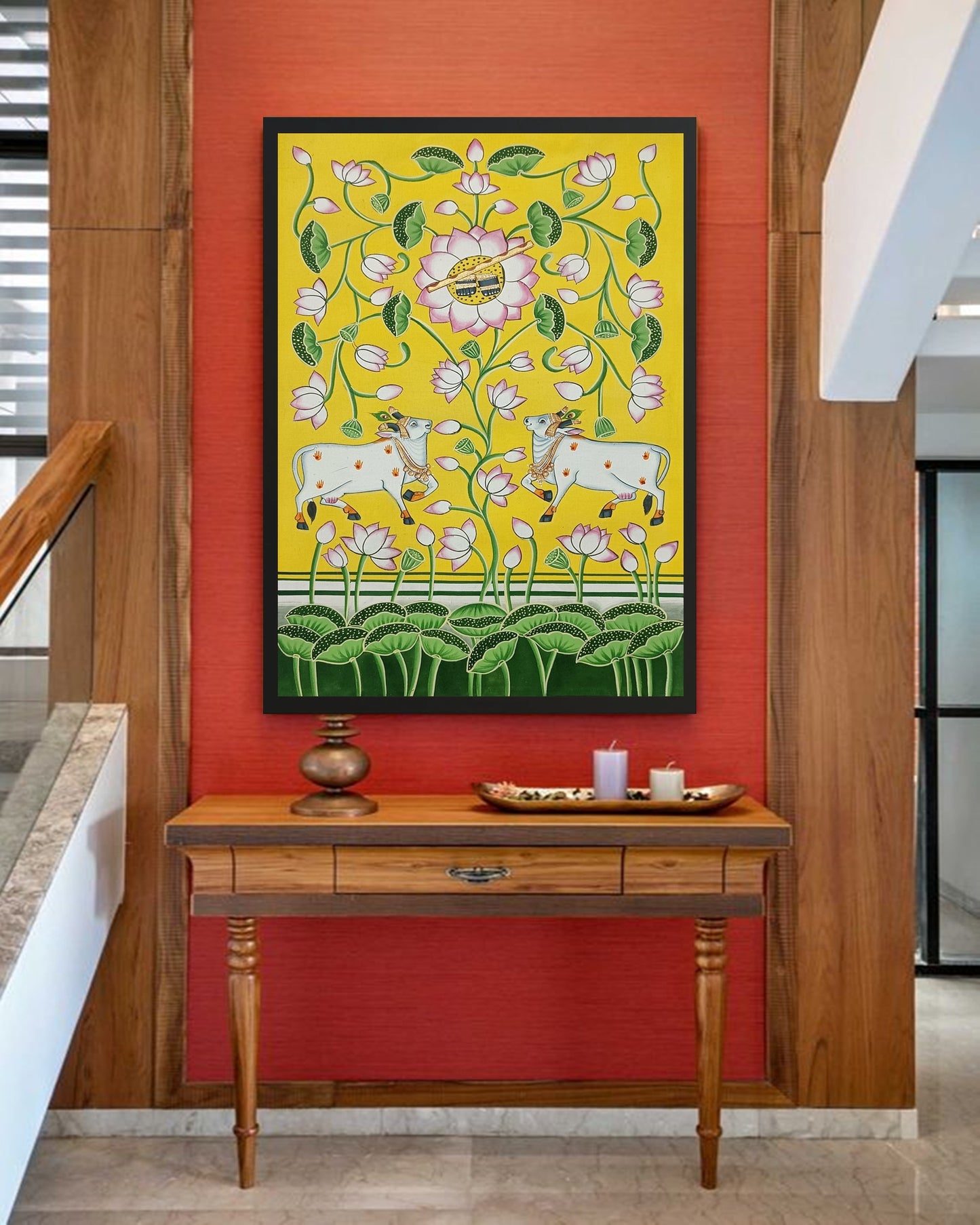 Shrinathji Charan Darshan, Pichwai Painting Of Cow And Lotus Wall Art Work, Traditional Indian Pichwai Painting For Home Decor, Home Decor - Jaipur Earth