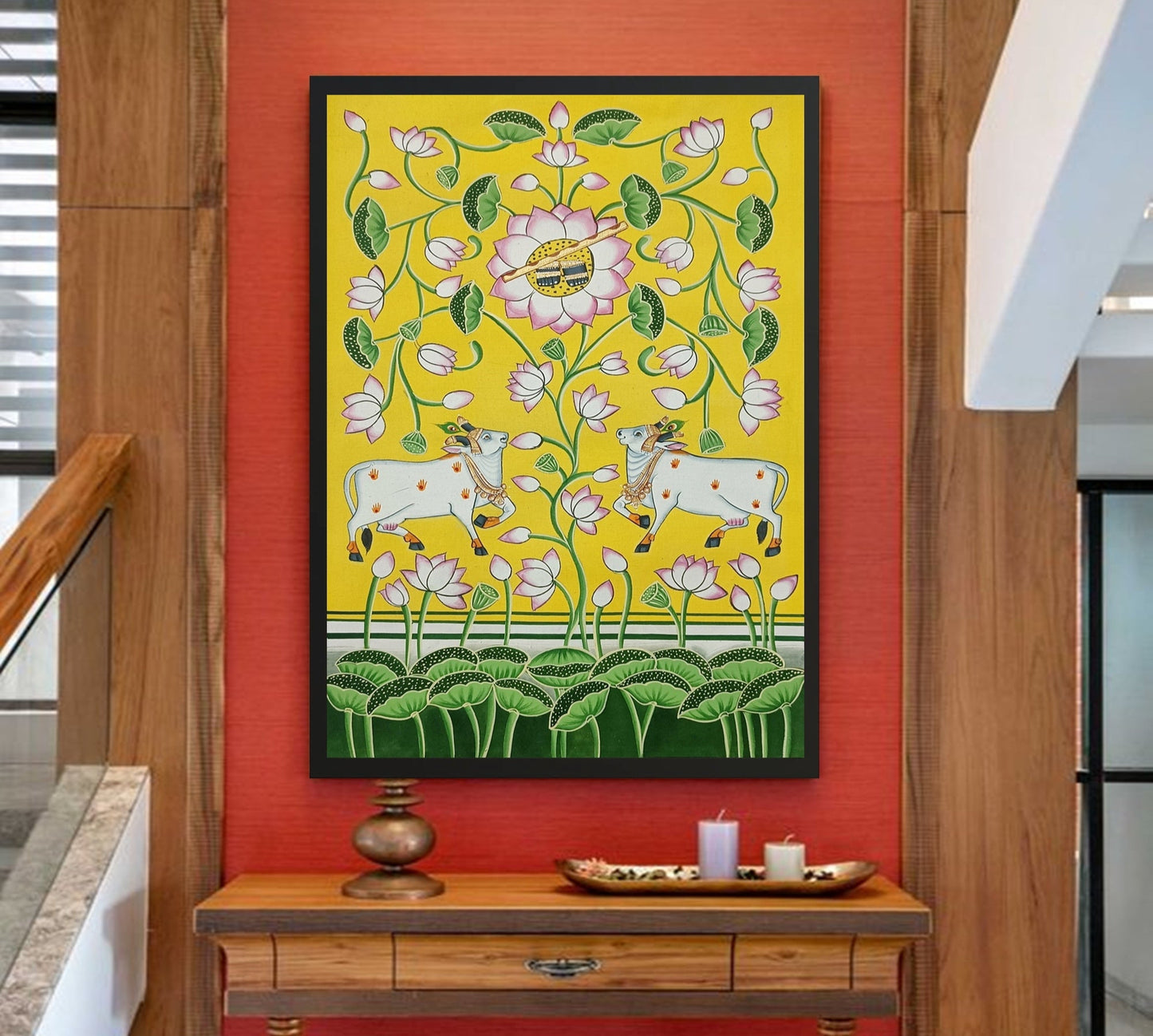 Shrinathji Charan Darshan, Pichwai Painting Of Cow And Lotus Wall Art Work, Traditional Indian Pichwai Painting For Home Decor, Home Decor - Jaipur Earth