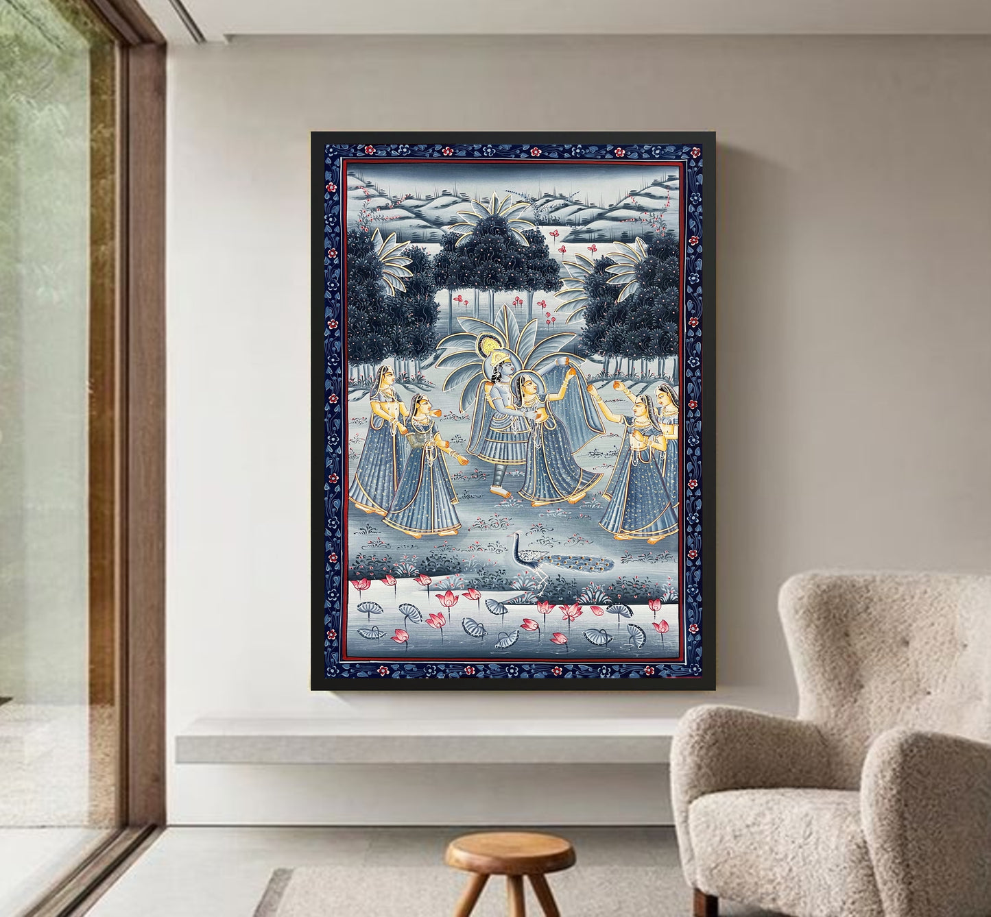 Radha Krishna Detailed Pichwai Handmade Painting on Fabric Krishna Painting, Wall art, Home Decor