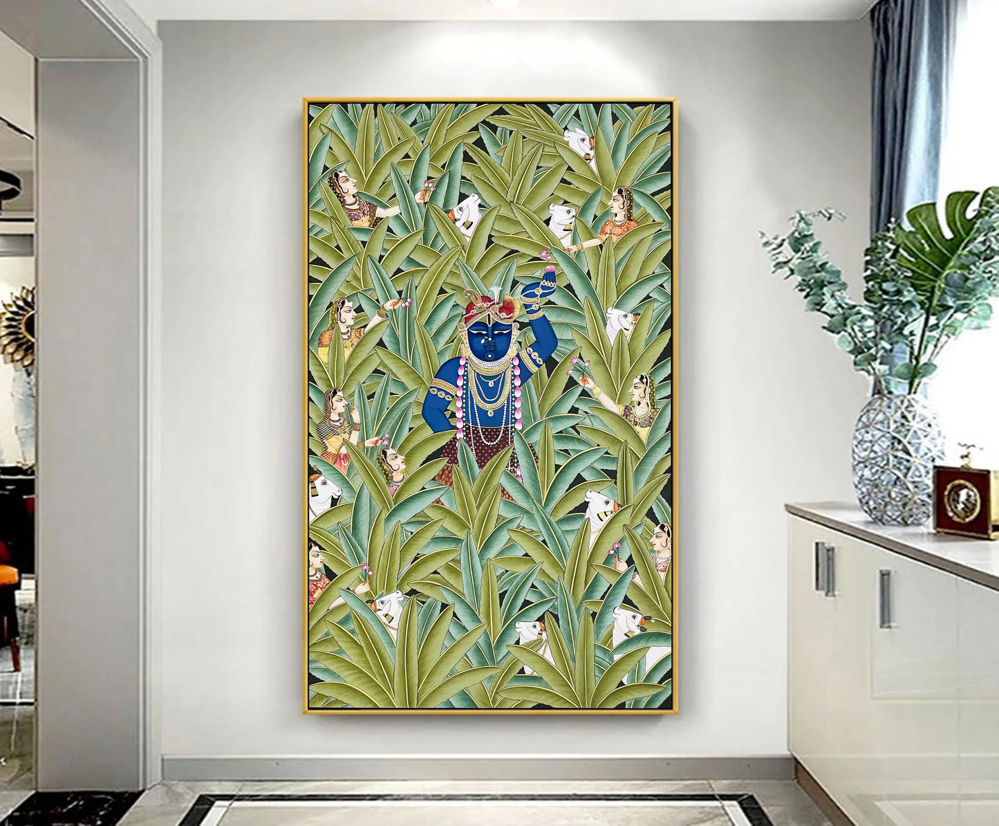 Shreenathji Pichwai Painting Beautiful Hand Painted Devotional Art Natural Stone color on cloth Indian Decor Paintings, Wall Hanging - Jaipur Earth