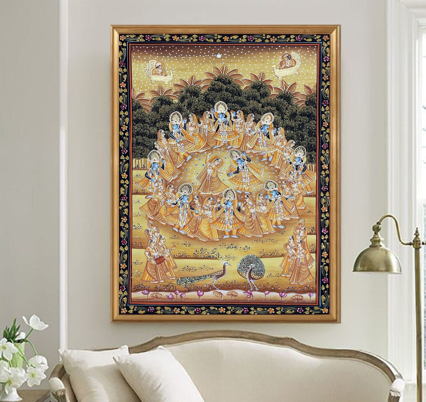 Radha Krishna Raasleela Detailed Pichwai Handmade Painting On Fabric, Original Krishna Ras Leela Scene Wall Hanging Home Decorative Art