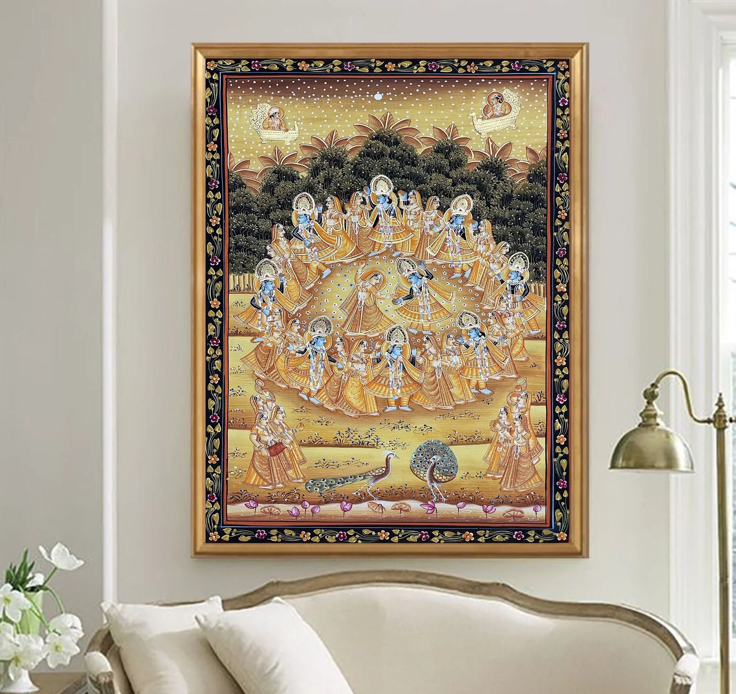 Radha Krishna Raasleela Detailed Pichwai Handmade Painting On Fabric, Original Krishna Ras Leela Scene Wall Hanging Home Decorative Art - Jaipur Earth