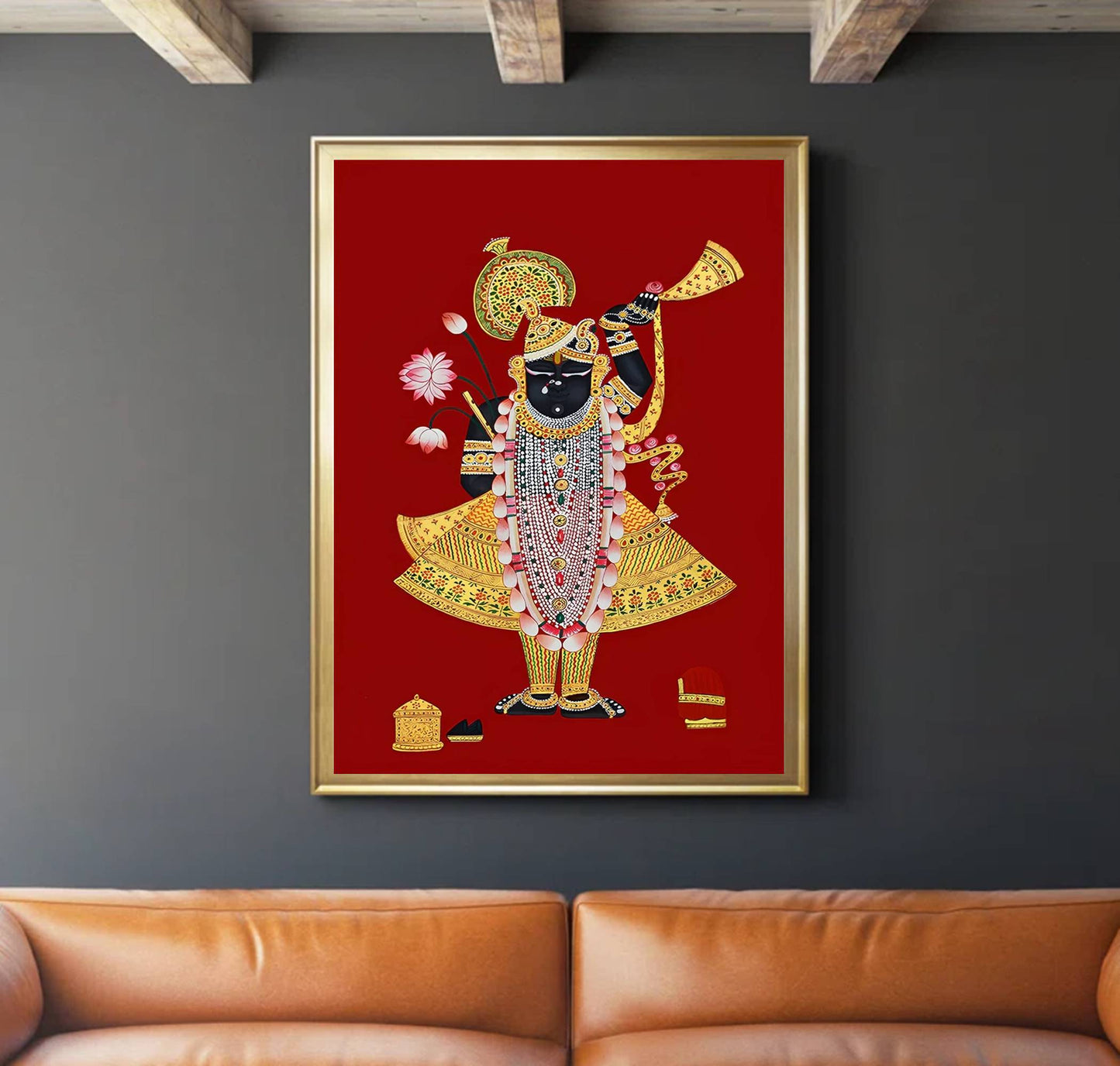 Pichwai Painting of Shrinathji and Lotus, Art For Home Decor, Beautiful Shrinathji In Kamal Talai on cloth, Wall Art, Home Decor gift - Jaipur Earth
