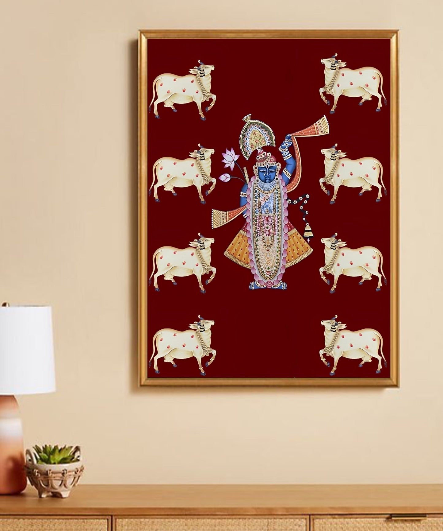 Pichwai Painting of Shrinathji and Lotus, Art For Home Decor, Beautiful Shrinathji In Kamal Talai on cloth, Wall Art, Home Decor gift - Jaipur Earth