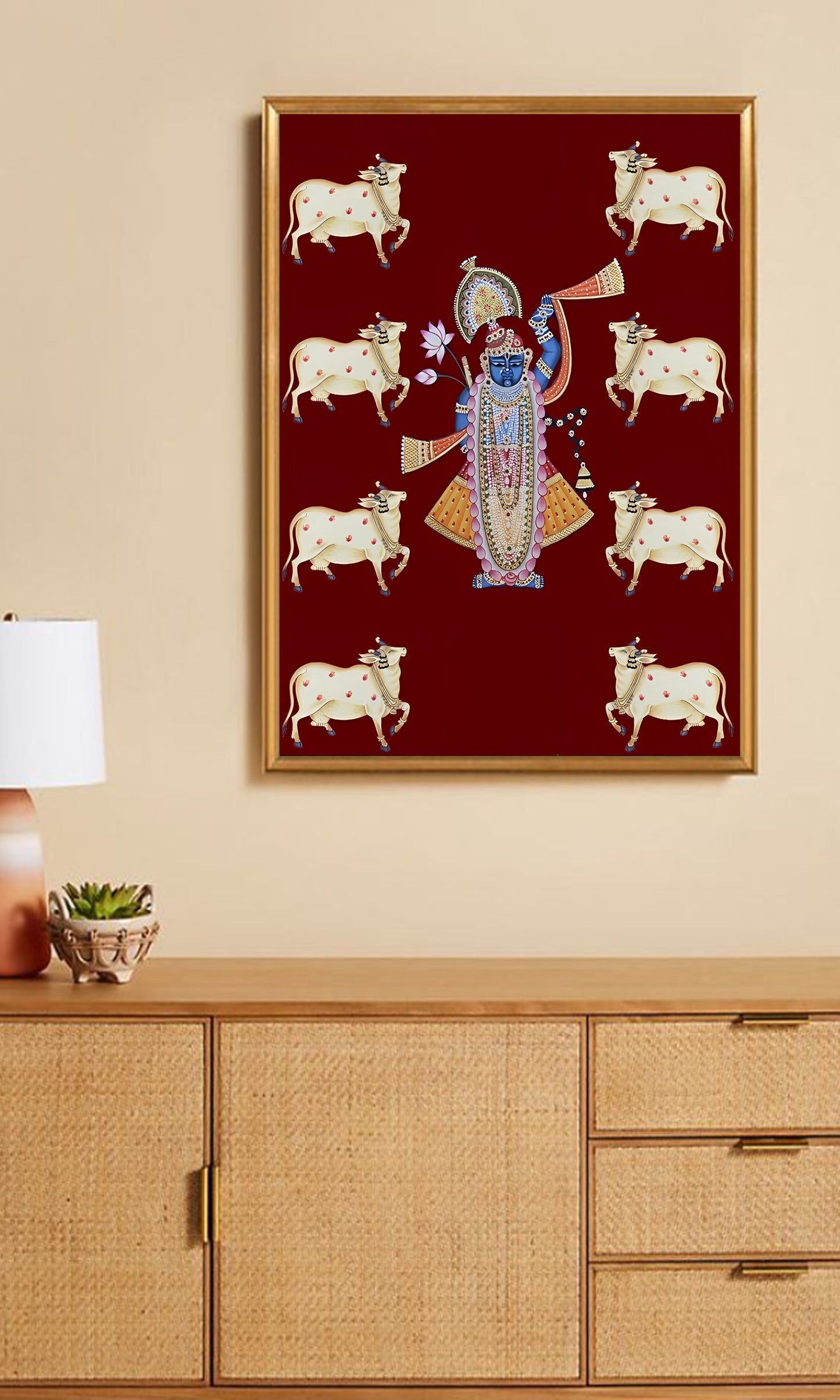 Pichwai Painting of Shrinathji and Lotus, Art For Home Decor, Beautiful Shrinathji In Kamal Talai on cloth, Wall Art, Home Decor gift - Jaipur Earth