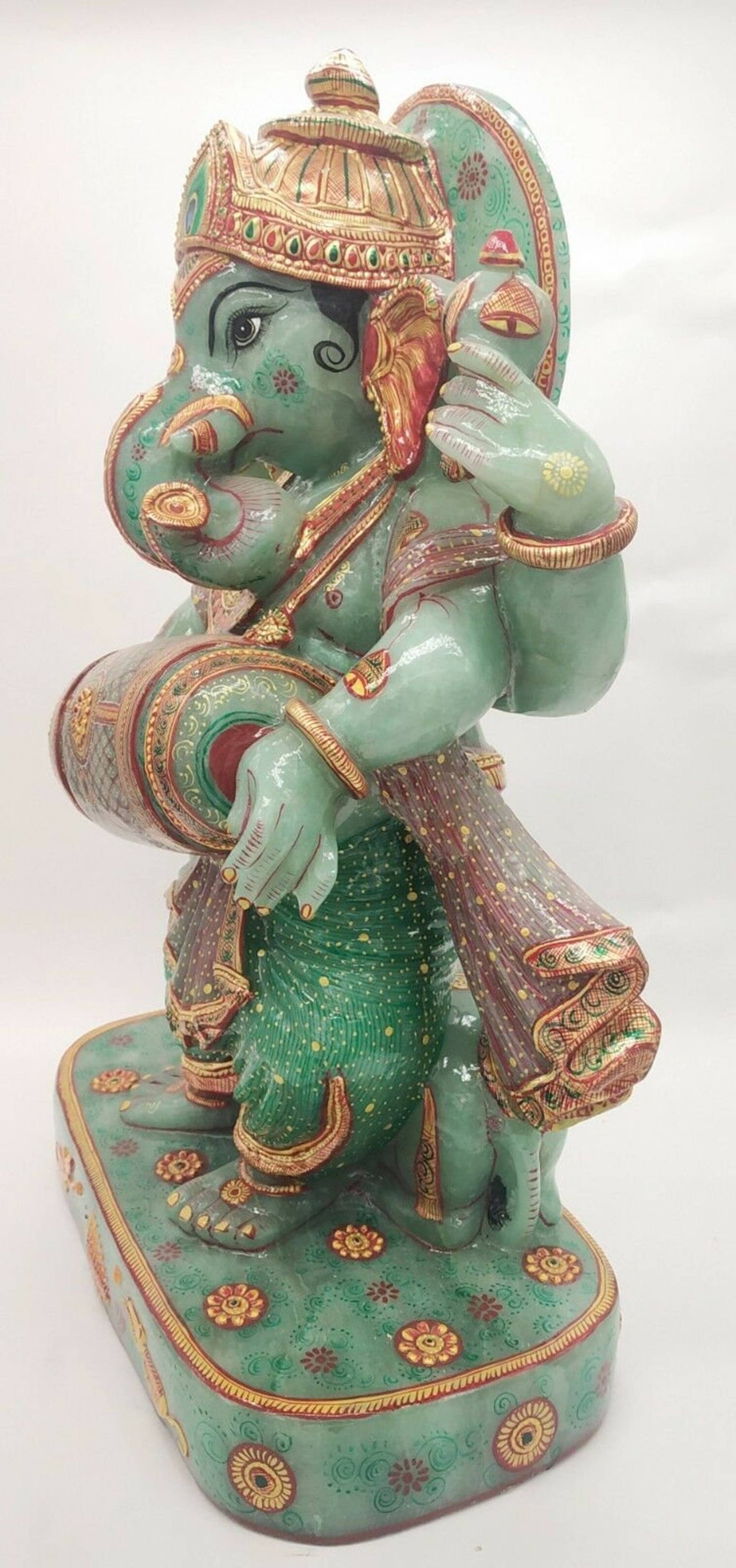 Jade Stone Ganesha statue 18" Aventurine Gemstone handmade painting Dancing Gift - Jaipur Earth