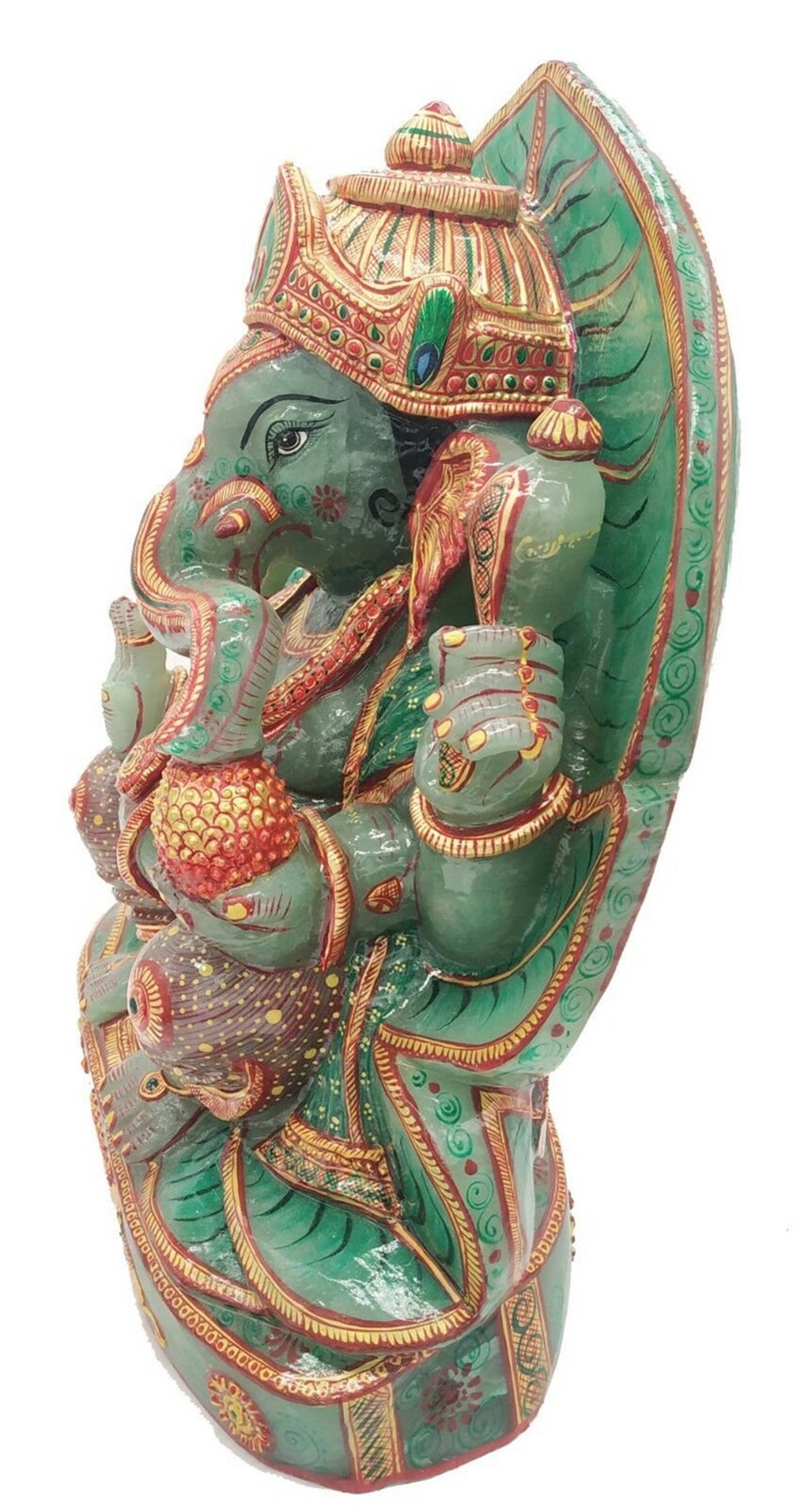 Jade Stone Ganesha statue 14" Aventurine Gemstone handmade painting Dancing Gift - Jaipur Earth