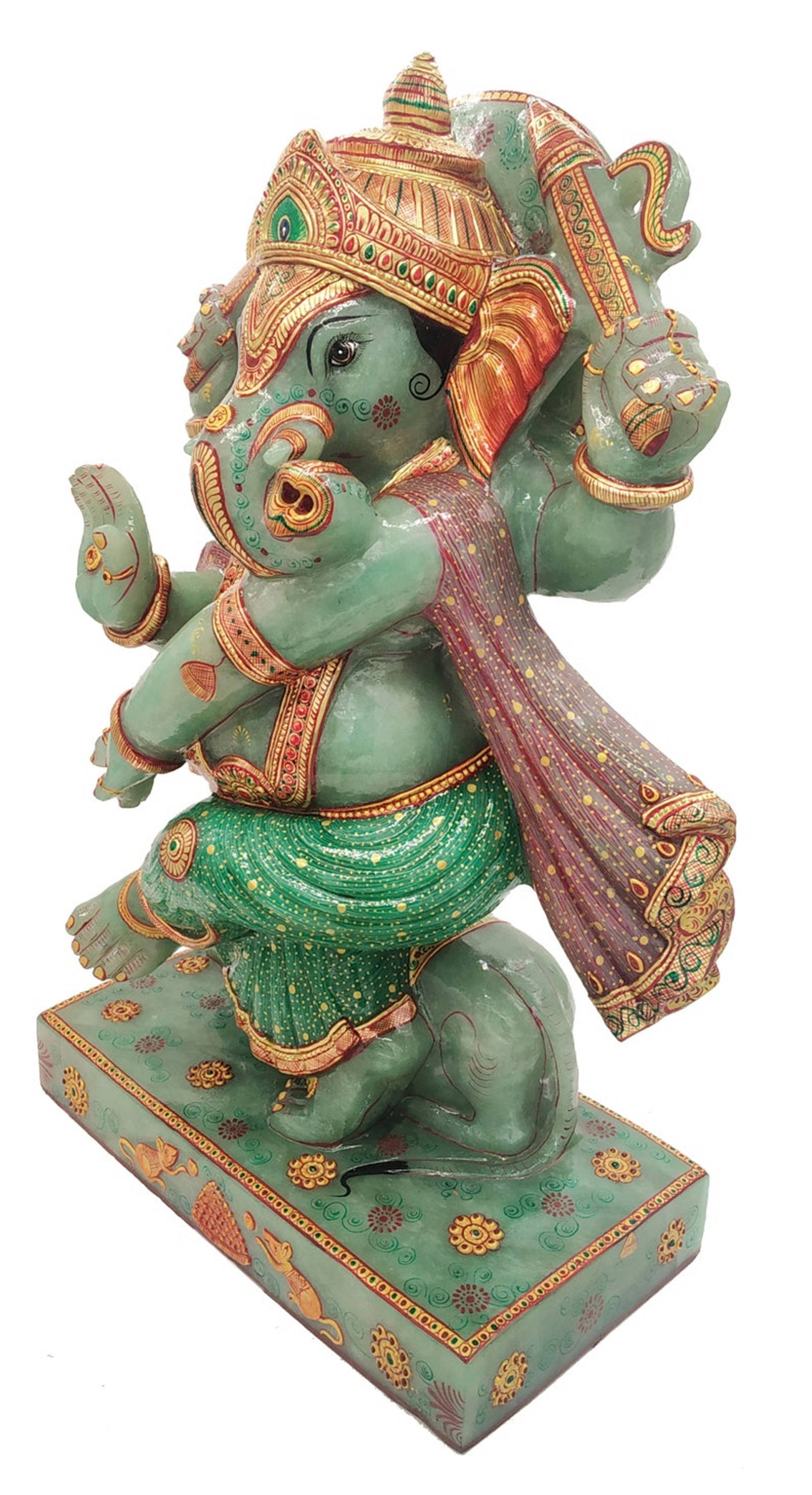 Stone Ganesha statue 18" Aventurine Jade Gemstone handmade painting Dancing Gift - Jaipur Earth