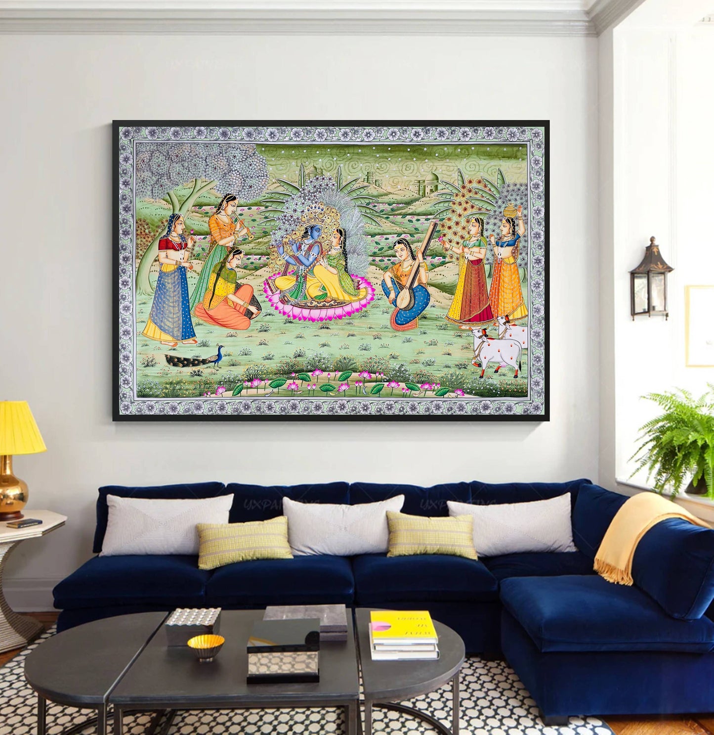Radha Krishna Detailed Pichwai Handmade Painting on Fabric Krishna Painting, Wall art, Home Decor - Jaipur Earth