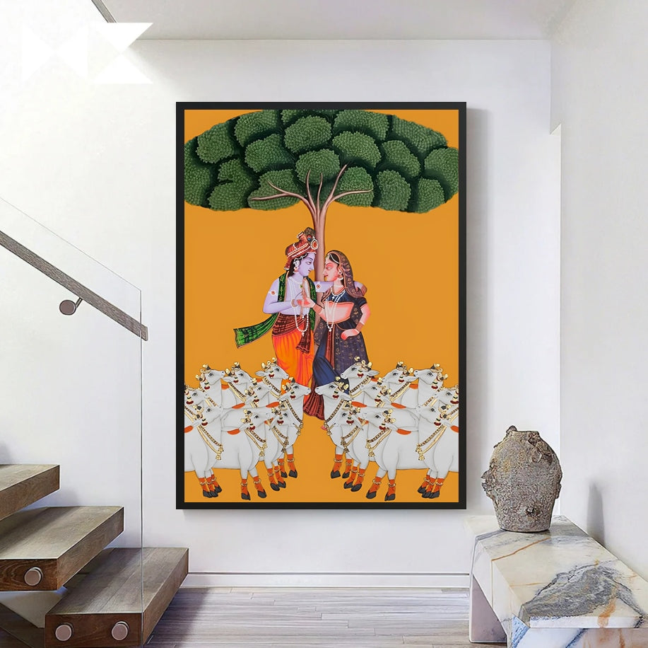 Radha Krishna Detailed Pichwai Handmade Painting On Fabric with Lotus Background, Wall Hanging Home Decorative Art, Wall Art - Jaipur Earth