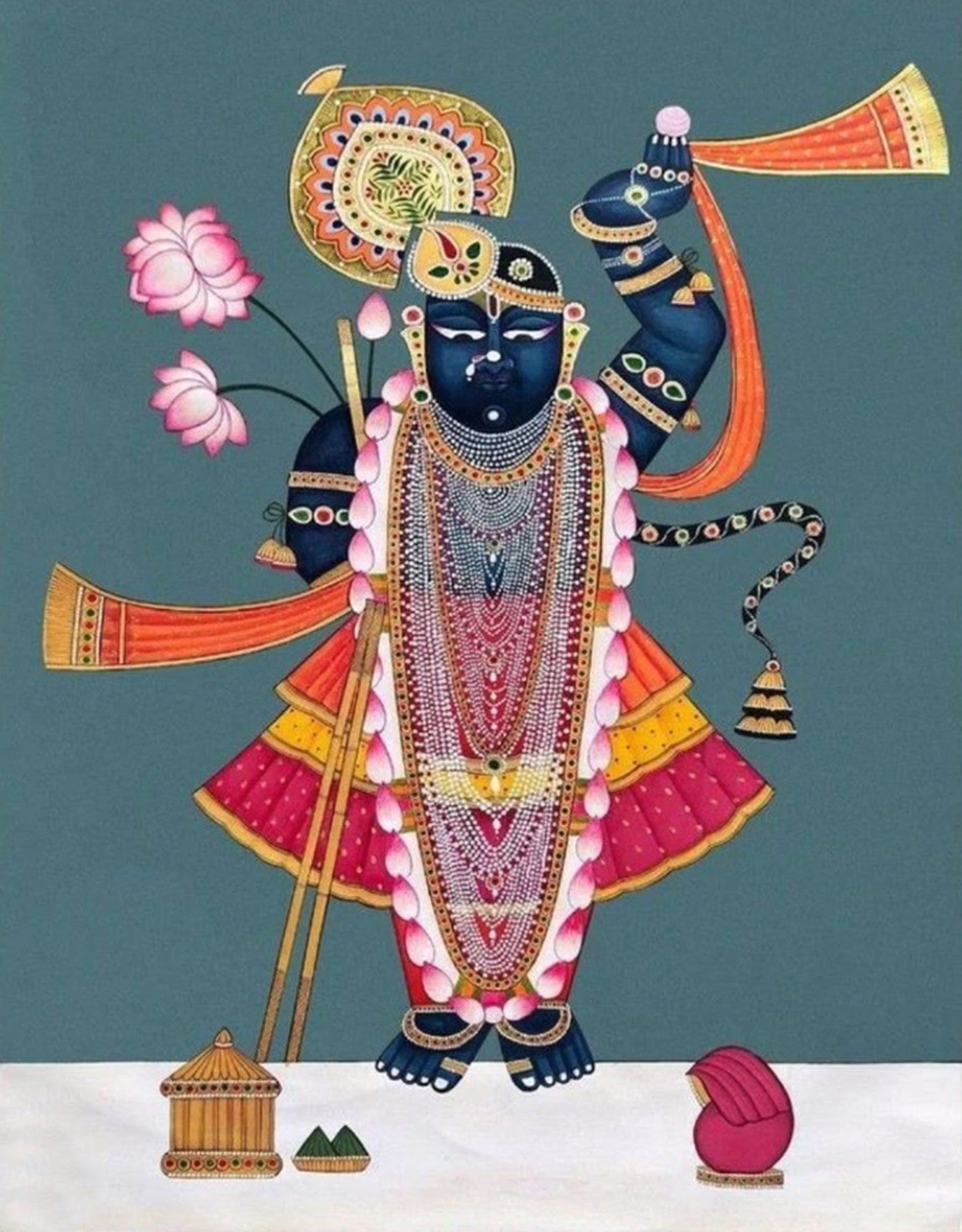 Shreenathji and Lotus Pichwai Art Painting For Home Decor, Traditional Handmade Wall Painting Of Beautiful Shrinathji