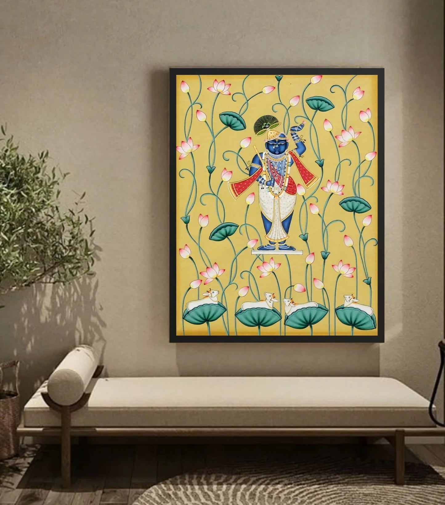 Pichwai Painting of Shrinathji and Lotus, Art For Home Decor, Beautiful Shrinathji In Kamal Talai on cloth, Wall Art, Home Decor gift - Jaipur Earth