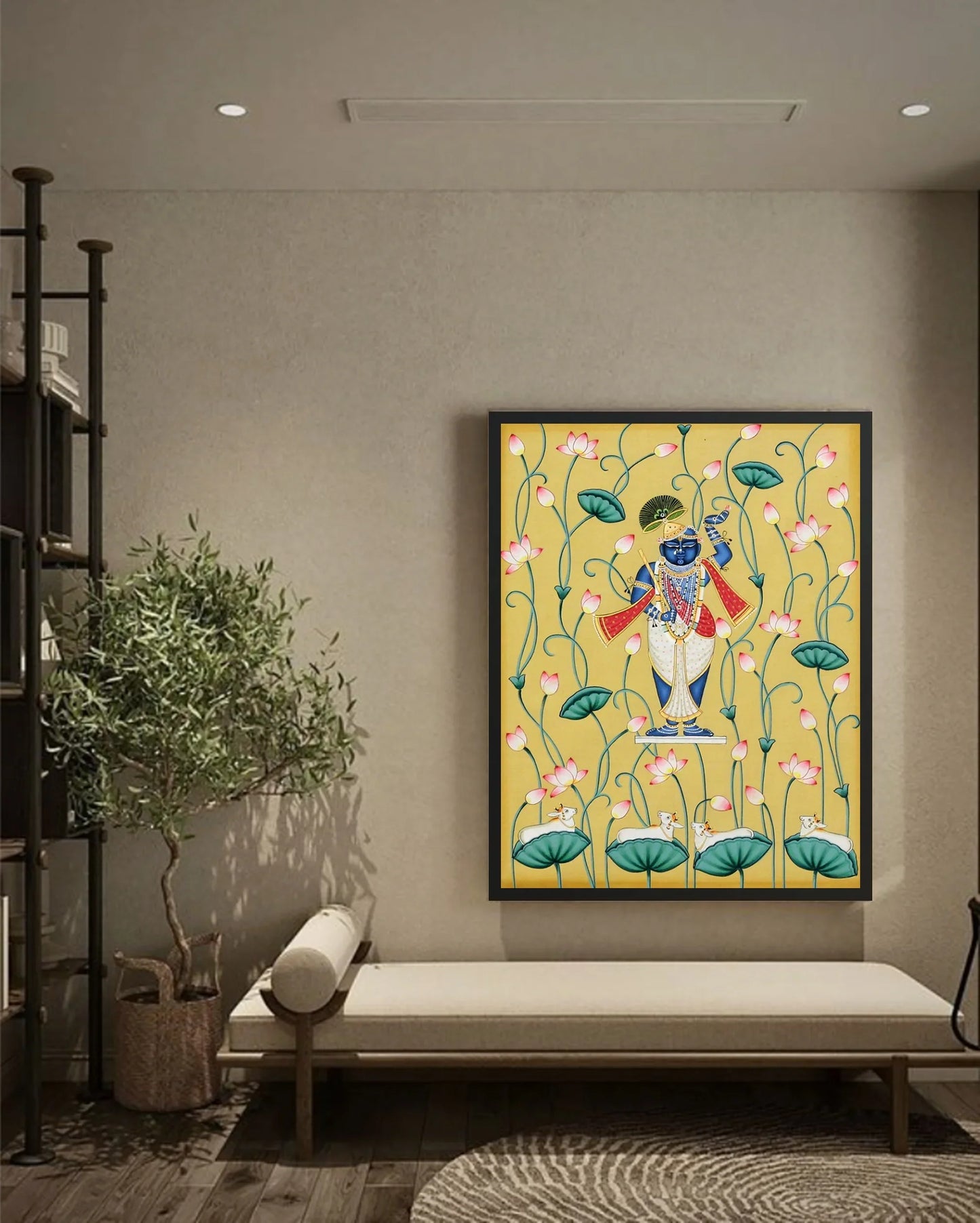 Pichwai Painting of Shrinathji and Lotus, Art For Home Decor, Beautiful Shrinathji In Kamal Talai on cloth, Wall Art, Home Decor gift - Jaipur Earth
