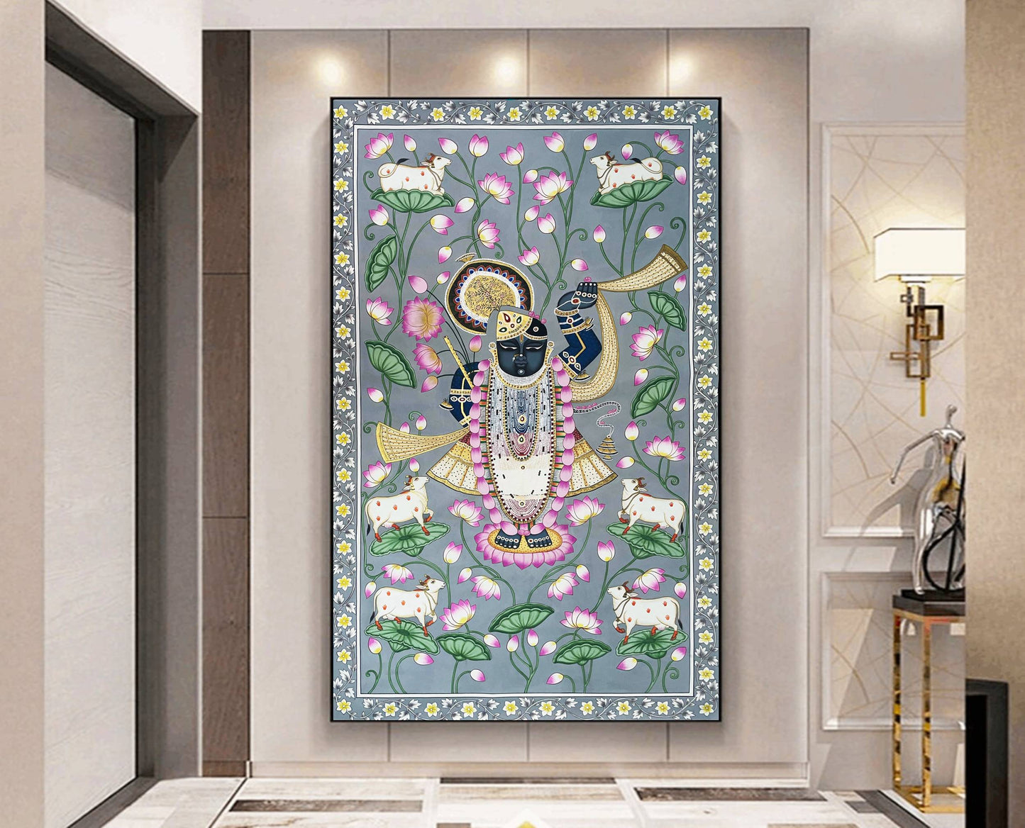 Shrinathji Pichwai Painting, Cow Pichwai Art Handmade Natural Stone color on cloth Indian Decor Paintings, Wall Hanging - Jaipur Earth
