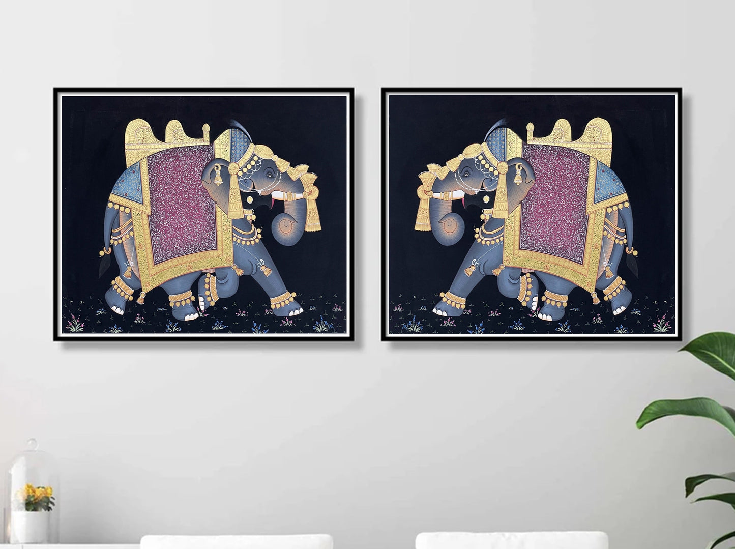 Set of 2 Decorated Elephant Handmade Miniature Indian Ethnic Folk Painting, Elephant Painting on Cardboard, Wall Hanging, Wall Painting - Jaipur Earth