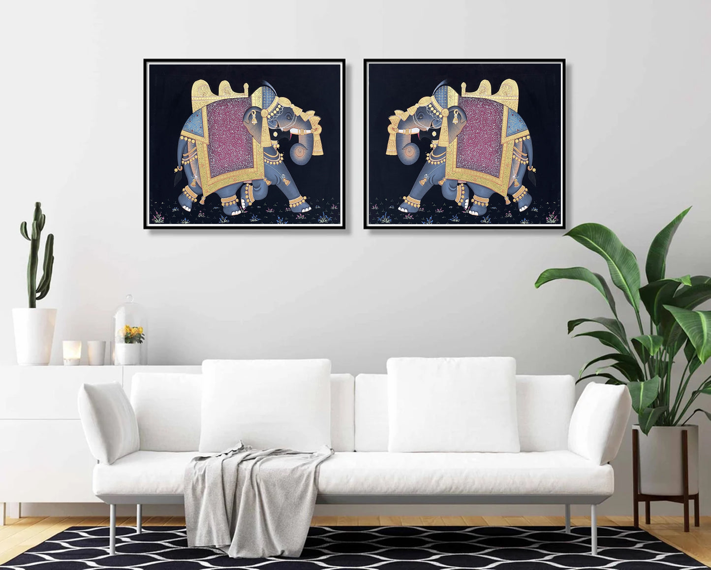 Set of 2 Decorated Elephant Handmade Miniature Indian Ethnic Folk Painting, Elephant Painting on Cardboard, Wall Hanging, Wall Painting - Jaipur Earth