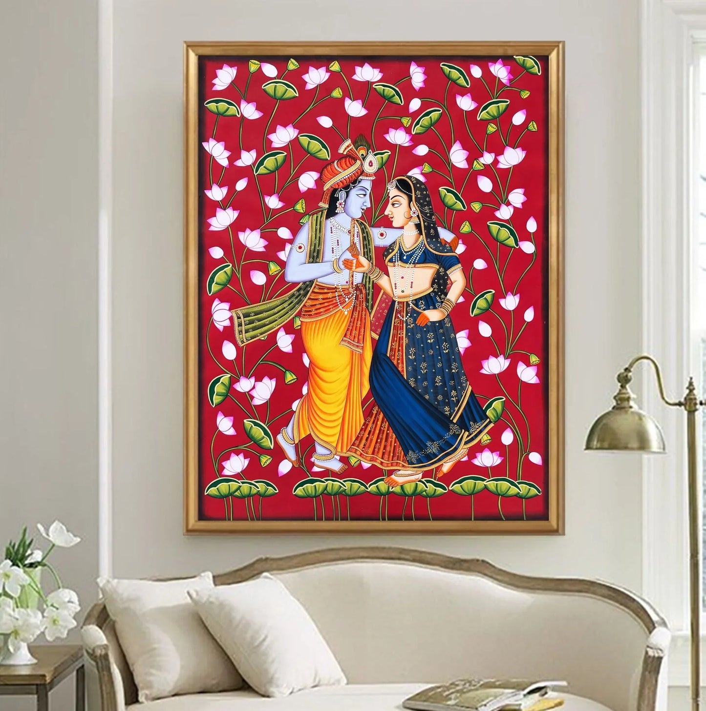 Radha Krishna Detailed Pichwai Handmade Painting On Fabric with Lotus Background, Wall Hanging Home Decorative Art, Wall Art - Jaipur Earth