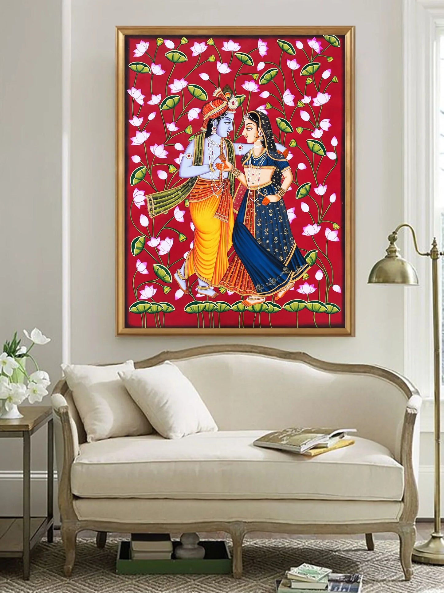 Radha Krishna Detailed Pichwai Handmade Painting On Fabric with Lotus Background, Wall Hanging Home Decorative Art, Wall Art - Jaipur Earth