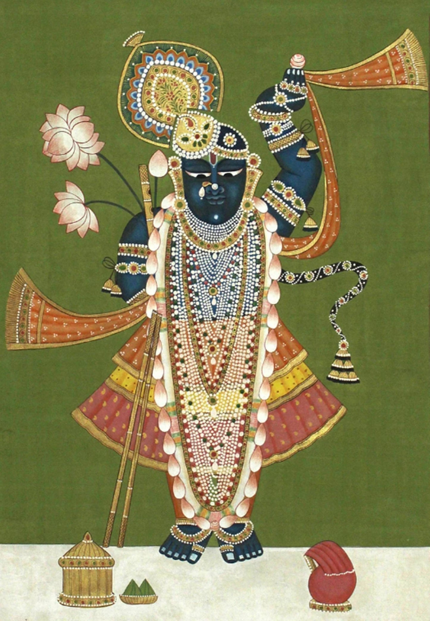 Shreenathji and Lotus Pichwai Art Painting For Home Decor, Traditional Handmade Wall Painting Of Beautiful Shrinathji