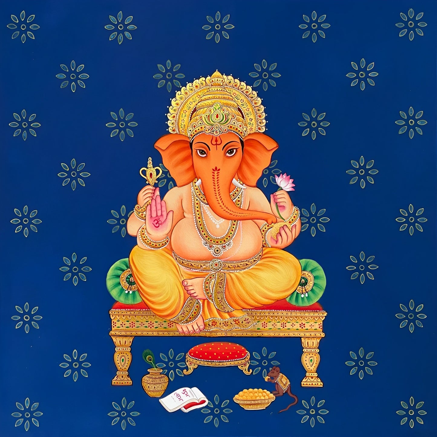 Lord Ganesha and Flower Art Painting For Home Decor, Traditional Handmade Painting Of Beautiful Lord Ganesha, Wall Painting, Wall Hanging - Jaipur Earth