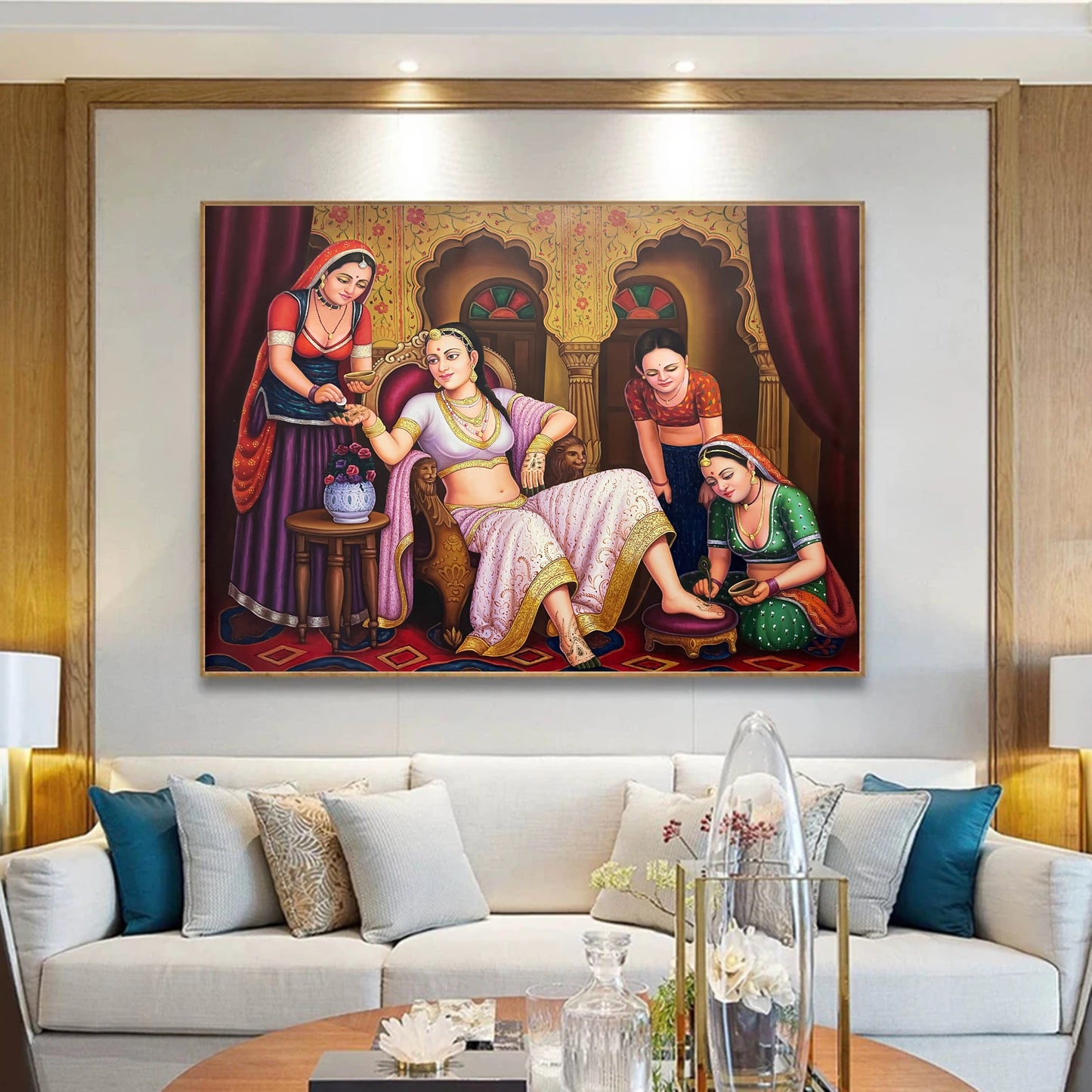Girls Applying Mehndi on Brides' Hand, Oil painting on canvas - Jaipur Earth