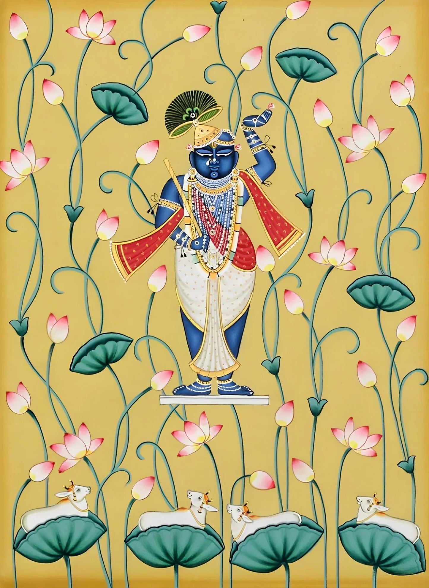 Pichwai Painting of Shrinathji and Lotus, Art For Home Decor, Beautiful Shrinathji In Kamal Talai on cloth, Wall Art, Home Decor gift - Jaipur Earth