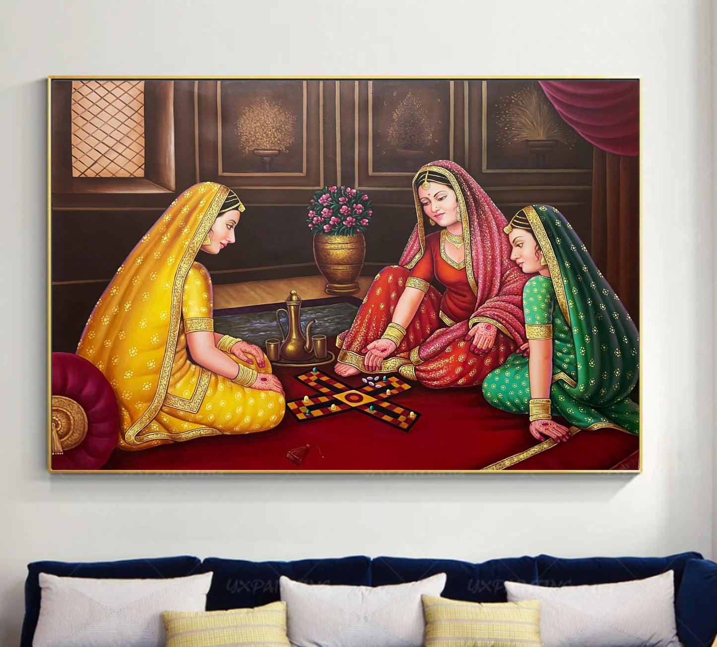Ladies playing choupar, Indan Dice Game, Oil painting on canvas - Jaipur Earth