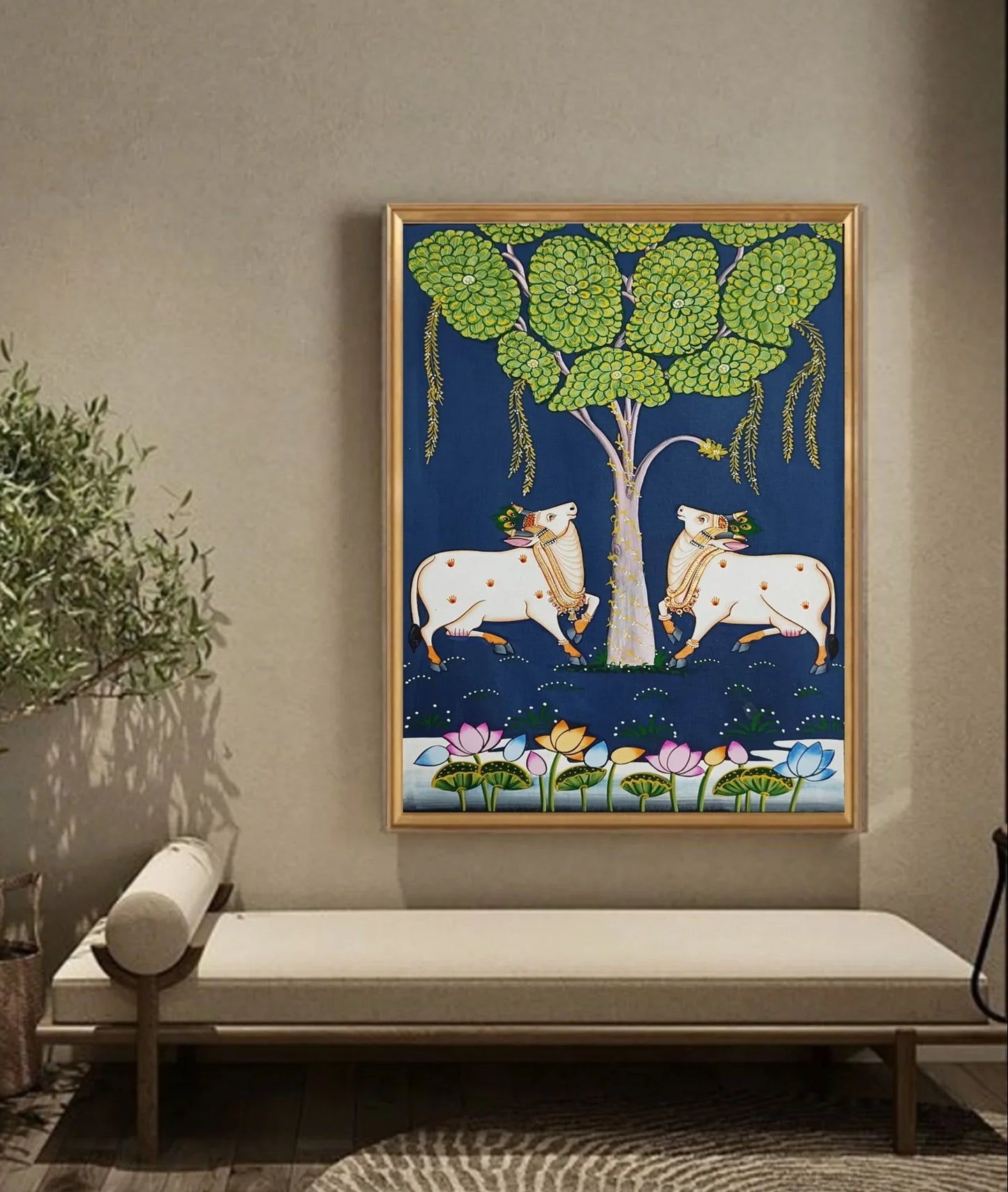 Pichwai Painting Of Cow, Detailed Traditional Indian Pichwai Painting For Home Decor, Wall Decor, Wall Art - Jaipur Earth