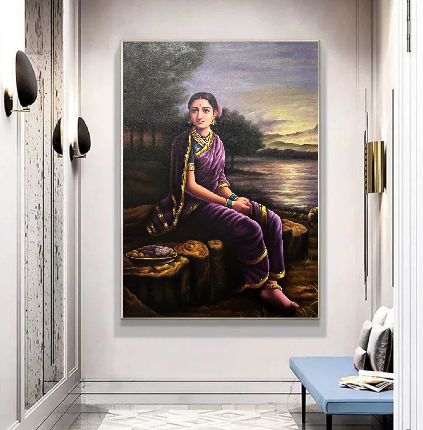 Hand-painted Indian woman in purple saree sitting by a river at sunset, traditional artwork
