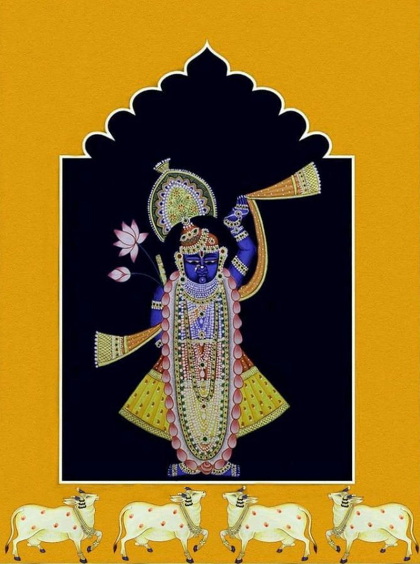 Shreenathji and Lotus Pichwai Art Painting For Home Decor, Traditional Handmade Wall Painting Of Beautiful Shrinathji