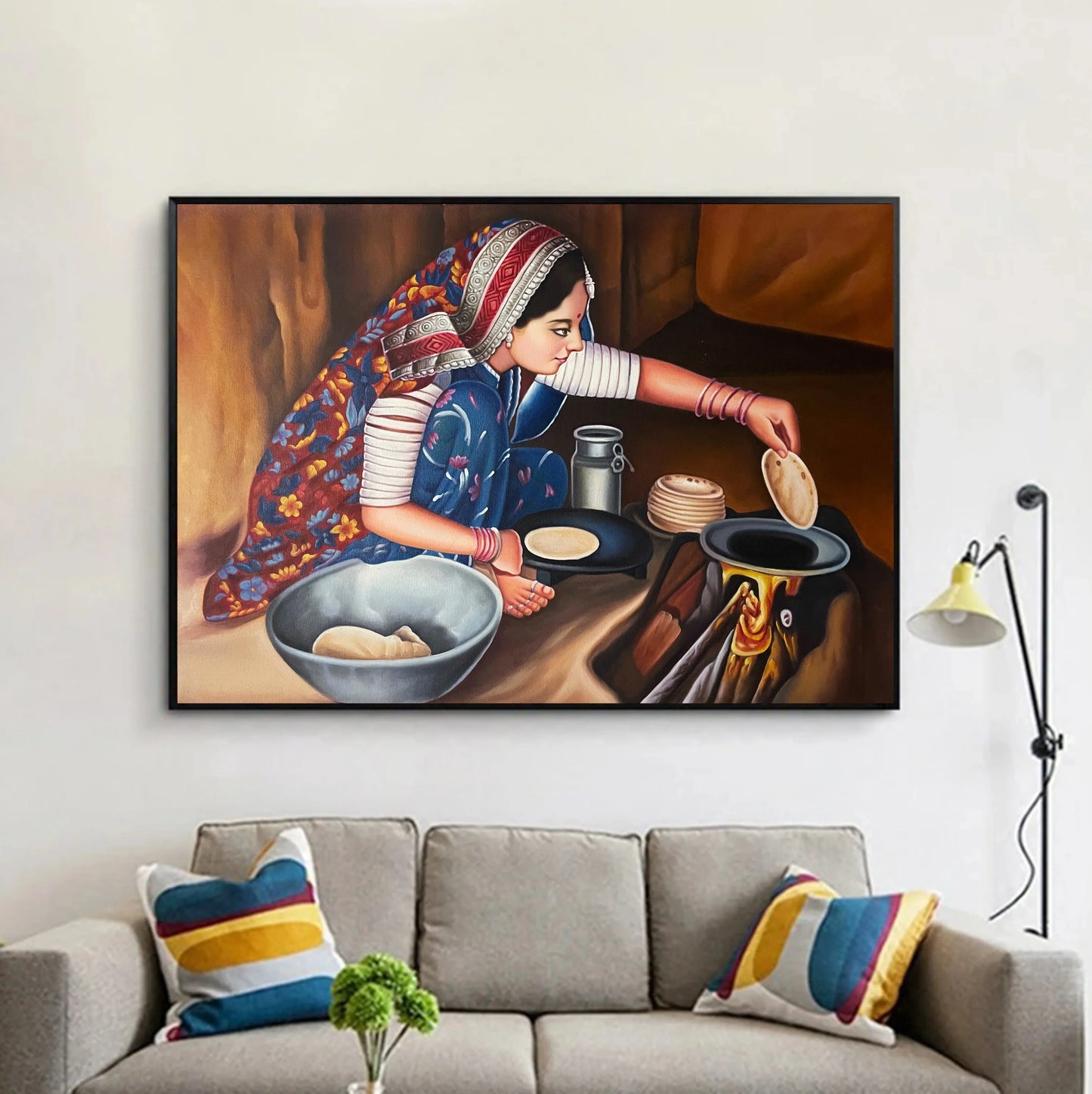 Indian Traditional Painting, Lady Busy in making Chapaatee on Fire Place, home decor, wall art on canvas, painting, wall Painting - Jaipur Earth