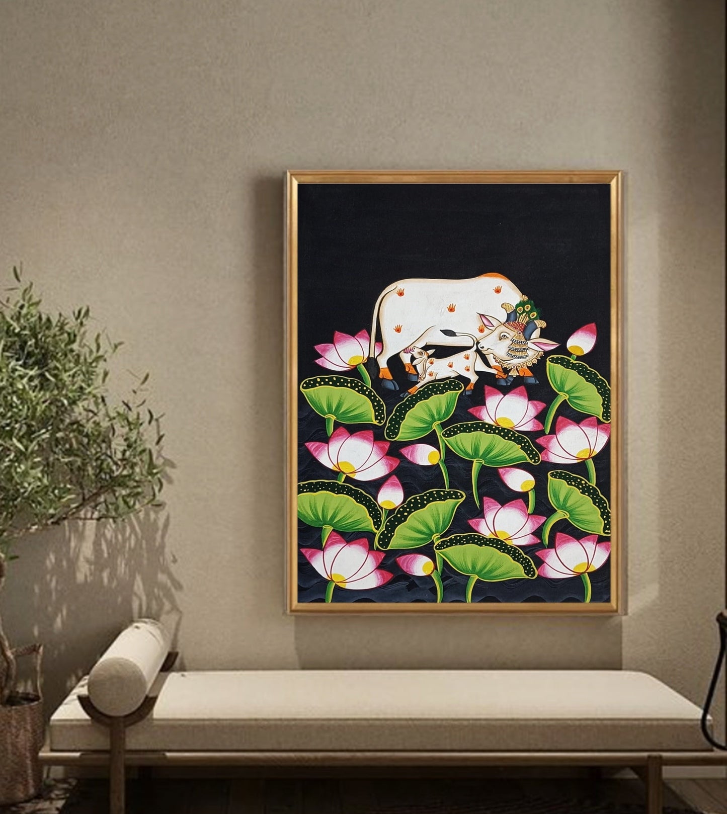 Pichwai Painting Of Cow, Detailed Traditional Indian Pichwai Painting For Home Decor, Wall Decor, Wall Art - Jaipur Earth