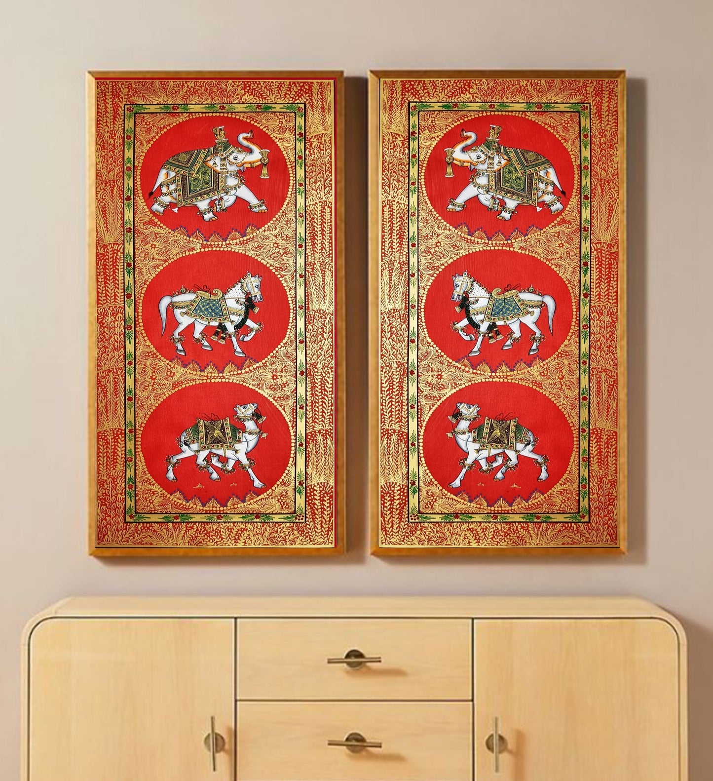 Trio Elephant, Horse, Camel Indian Miniature Wall Art, Set of 2 Traditional Animal Procession Painting On Silk For Home Decor - Jaipur Earth