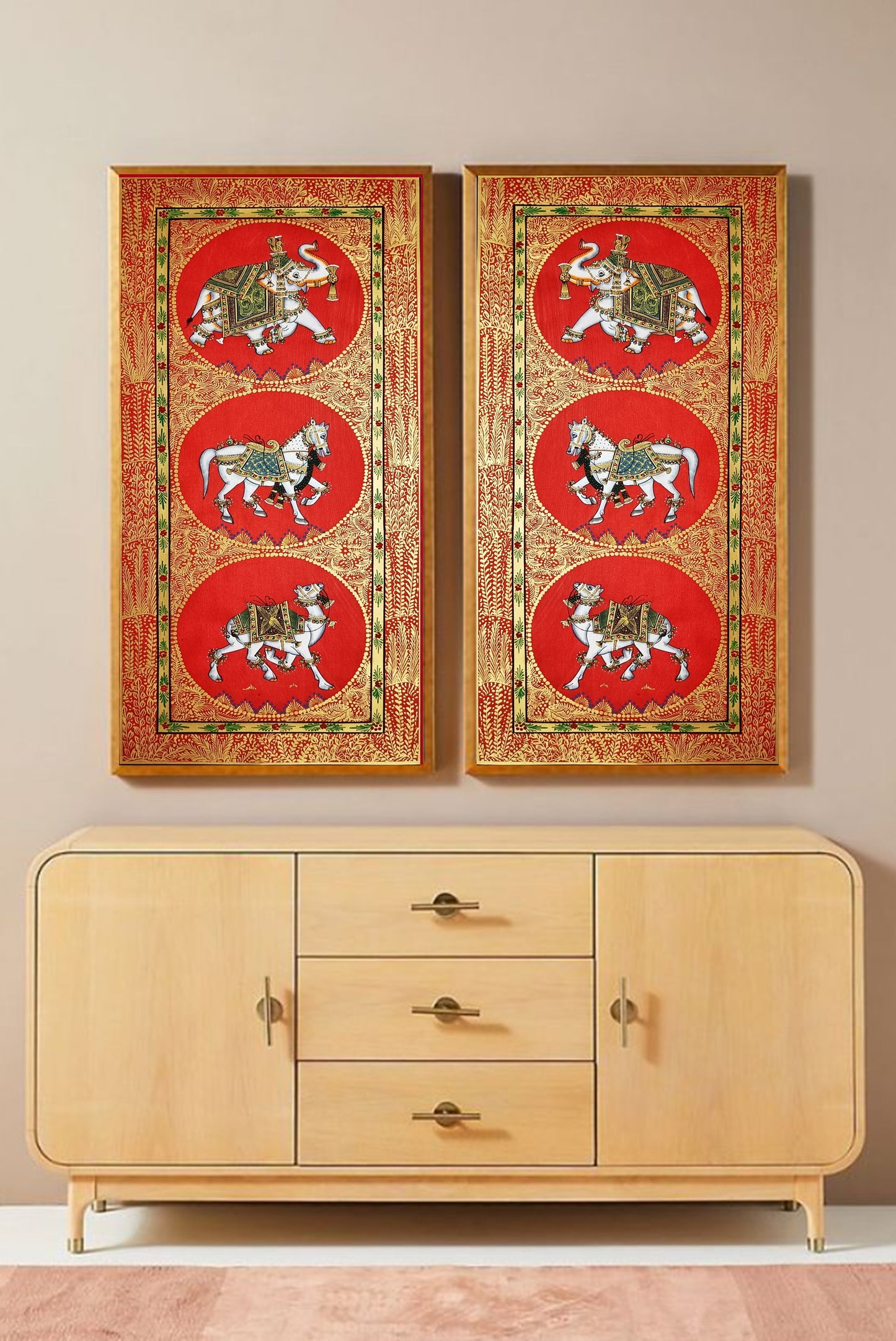 Trio Elephant, Horse, Camel Indian Miniature Wall Art, Set of 2 Traditional Animal Procession Painting On Silk For Home Decor - Jaipur Earth