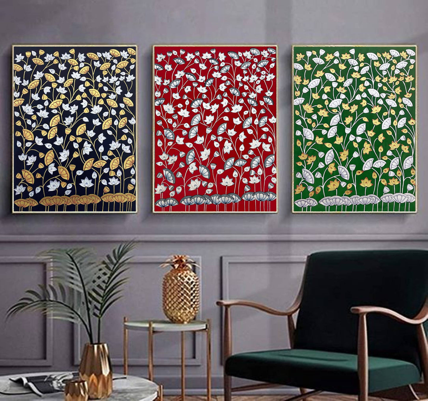 Pichwai Paintings Set of 3, Lotus Pond Indian Pichwai Painting, Home decor Art, Indian painting - Jaipur Earth