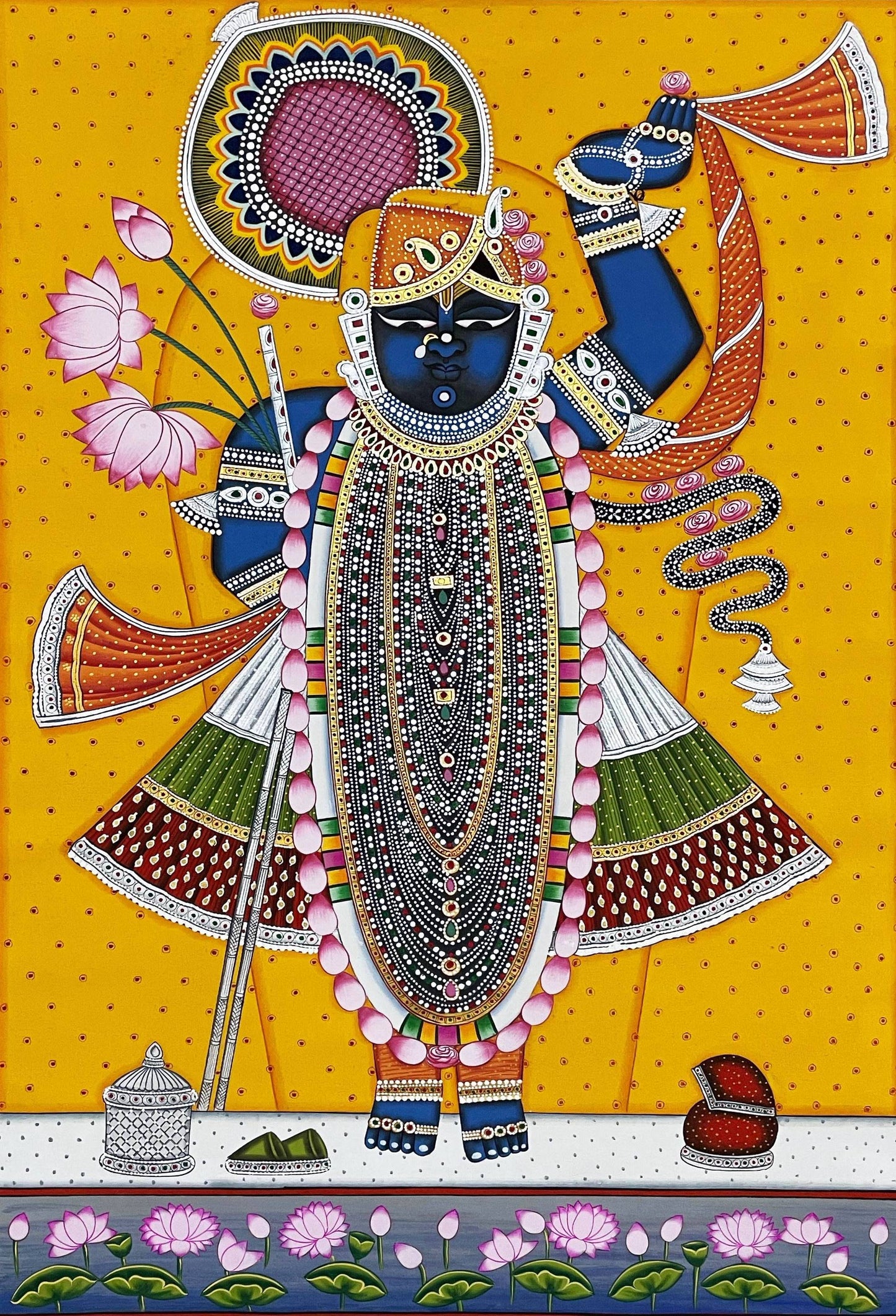 Pichwai Painting of Shreenathji and Lotus, Art For Home Decor, Beautiful Shreenathji In Kamal Talai on cloth, Home Decor, Wall art - Jaipur Earth