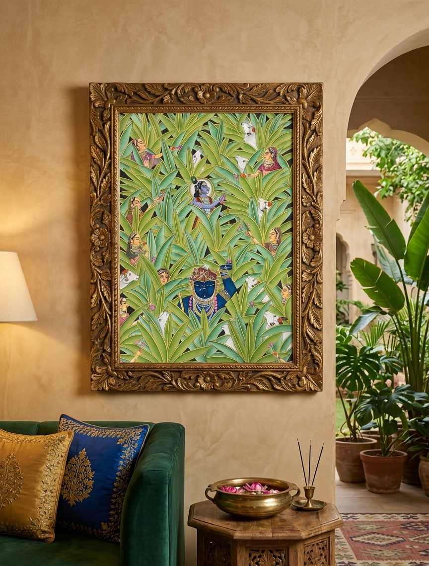 Shrinathji & Krishna in Banana Trees, Hand Painted Pichwai Painting, Home Decor, Wall Decor