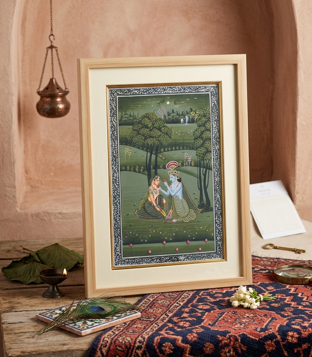 Radha Krishna Detailed Handmade Pichwai Painting – Framed Wall Art for Home Décor