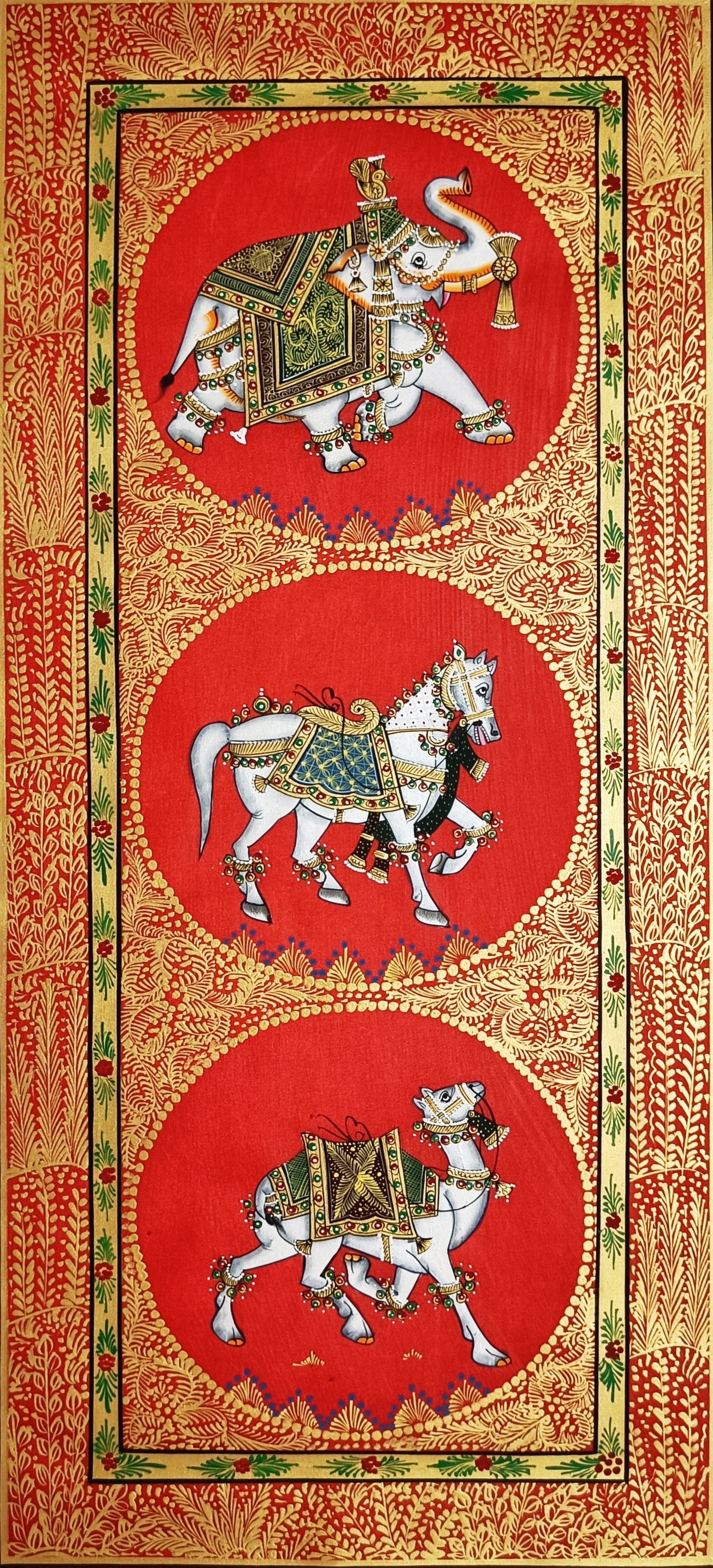 Trio Elephant, Horse, Camel Indian Miniature Wall Art, Set of 2 Traditional Animal Procession Painting On Silk For Home Decor - Jaipur Earth
