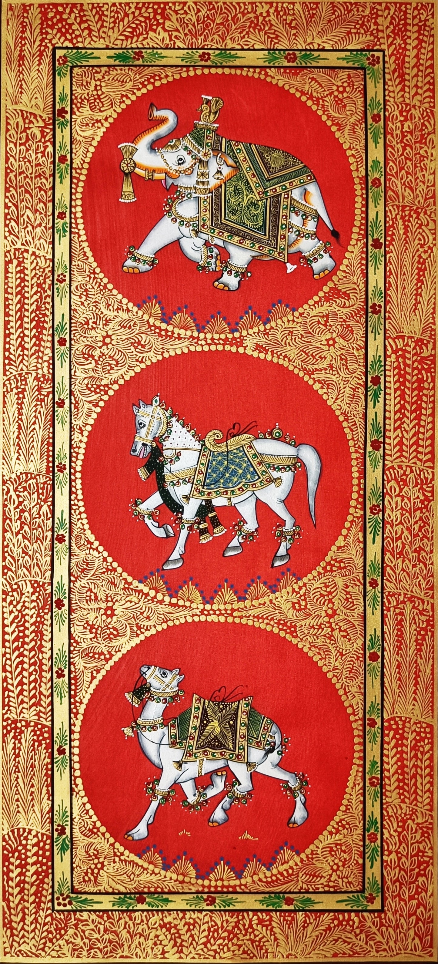 Trio Elephant, Horse, Camel Indian Miniature Wall Art, Set of 2 Traditional Animal Procession Painting On Silk For Home Decor - Jaipur Earth