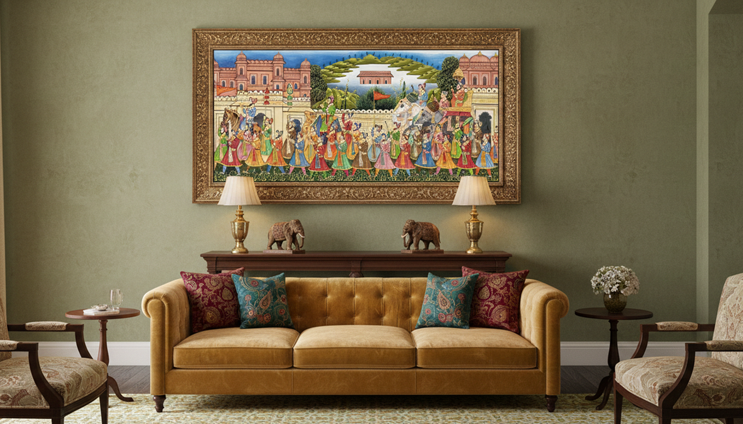 A vibrant Rajasthani painting depicting a grand royal procession hangs above a mustard-colored tufted sofa adorned with colorful cushions.