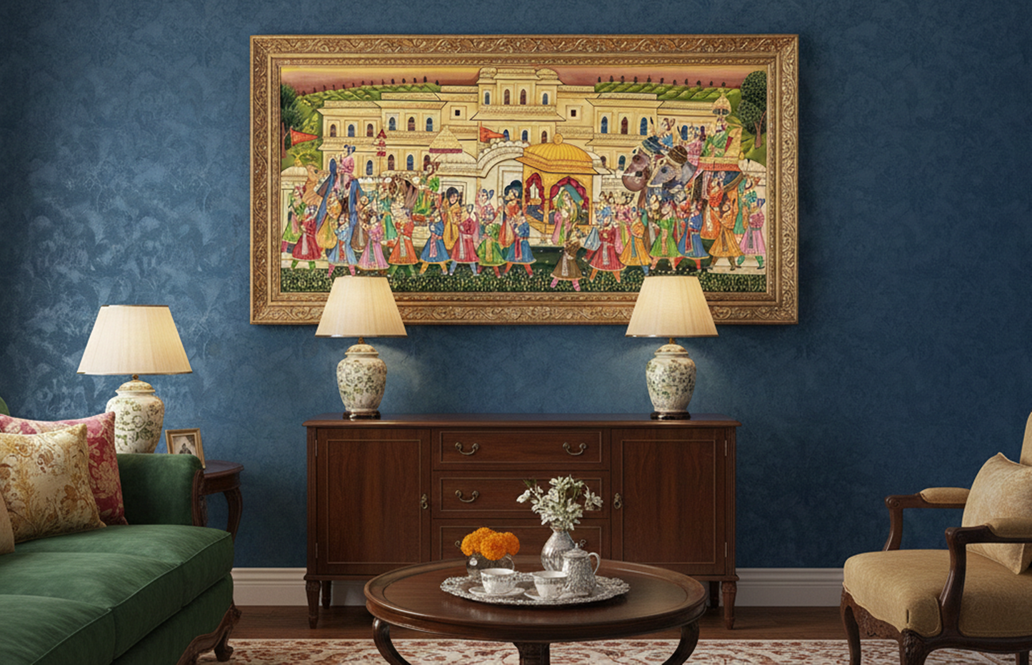 A beautifully detailed Rajasthani painting depicting a vibrant royal procession hangs on a blue wall in a cozy living room.