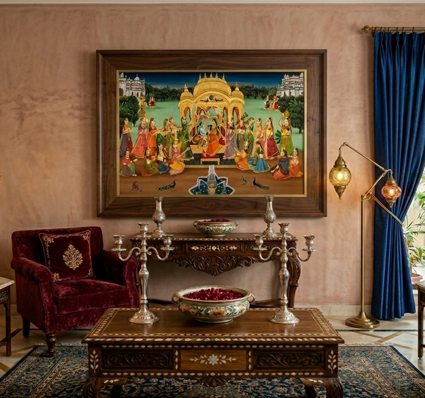 A beautifully decorated living room featuring a large Pichwai painting depicting the Raasleela scene with Radha and Krishna, surrounded by vibrant figures.