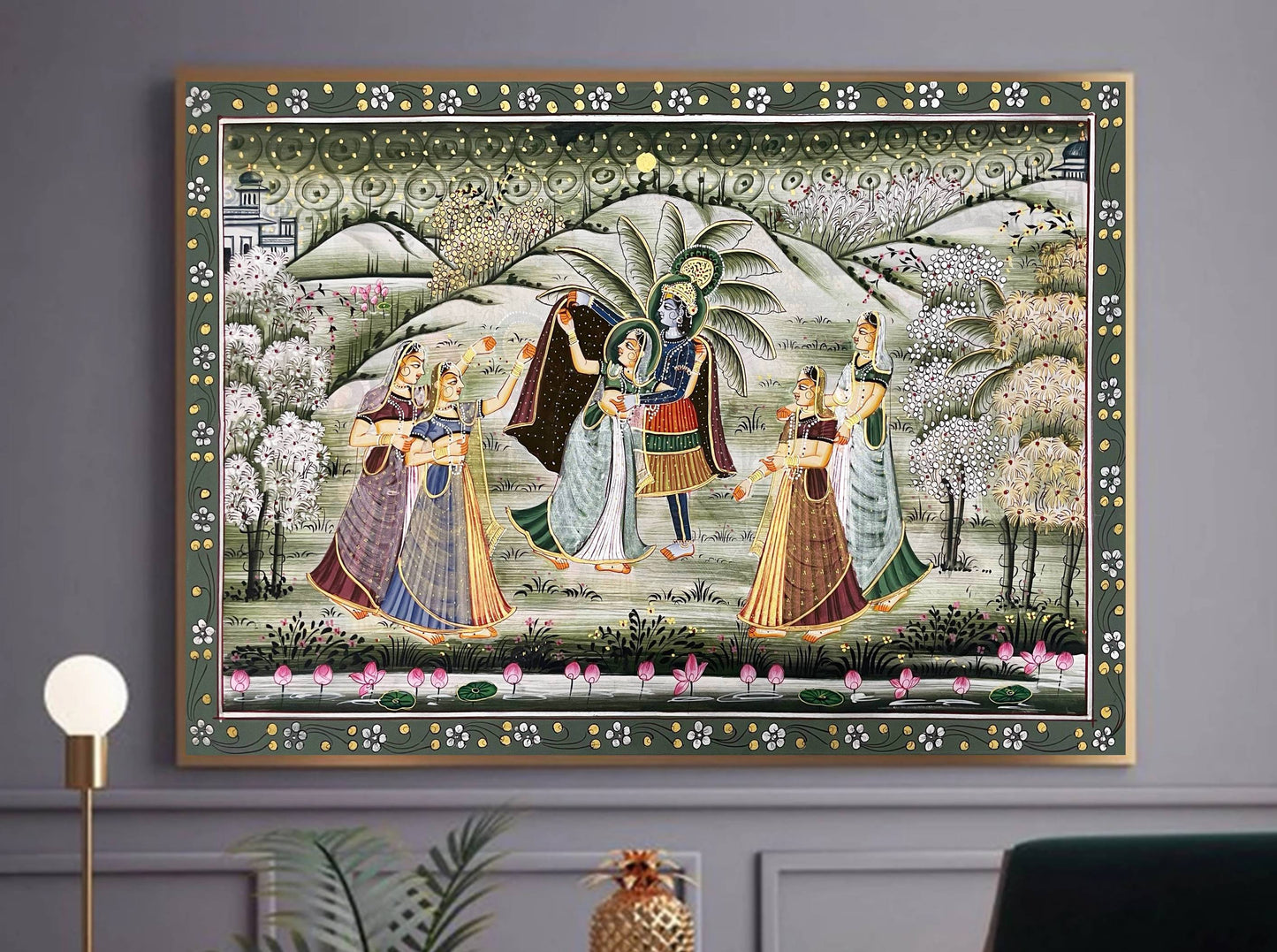 Radha Krishna Detailed Pichwai Handmade Painting on Fabric Krishna Painting, Wall art, Home Decor - Jaipur Earth