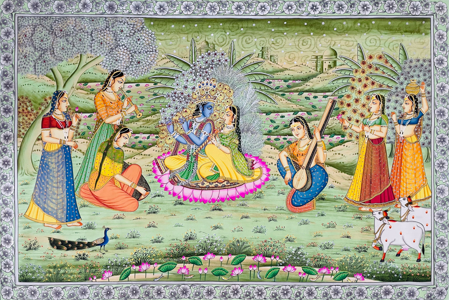 Radha Krishna Detailed Pichwai Handmade Painting on Fabric Krishna Painting, Wall art, Home Decor - Jaipur Earth