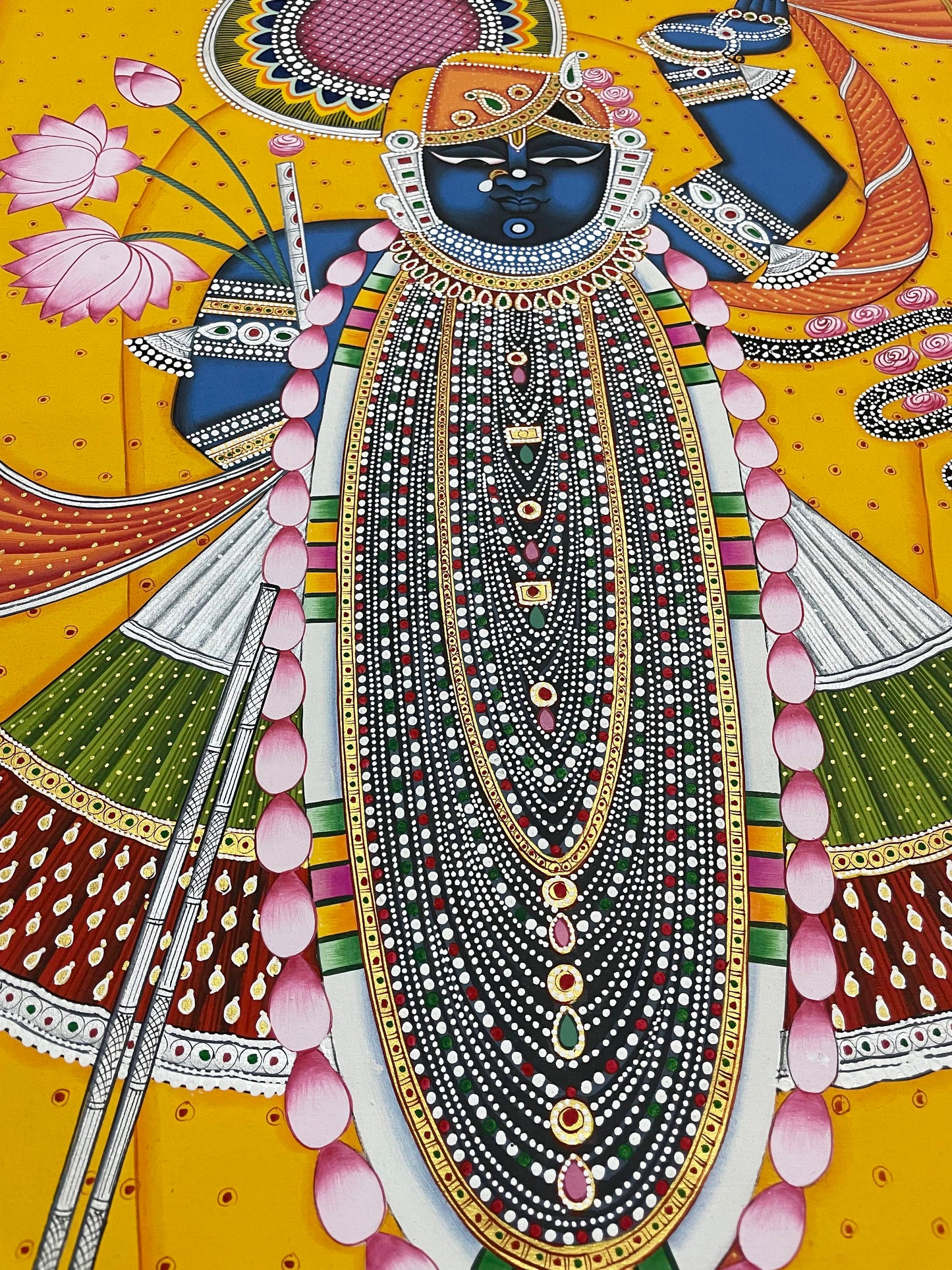 Pichwai Painting of Shreenathji and Lotus, Art For Home Decor, Beautiful Shreenathji In Kamal Talai on cloth, Home Decor, Wall art - Jaipur Earth