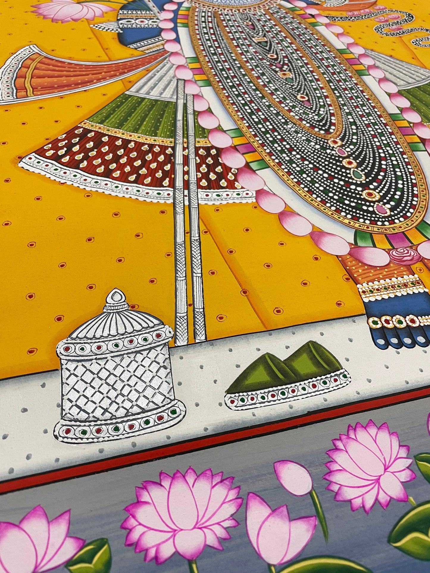 Pichwai Painting of Shreenathji and Lotus, Art For Home Decor, Beautiful Shreenathji In Kamal Talai on cloth, Home Decor, Wall art - Jaipur Earth