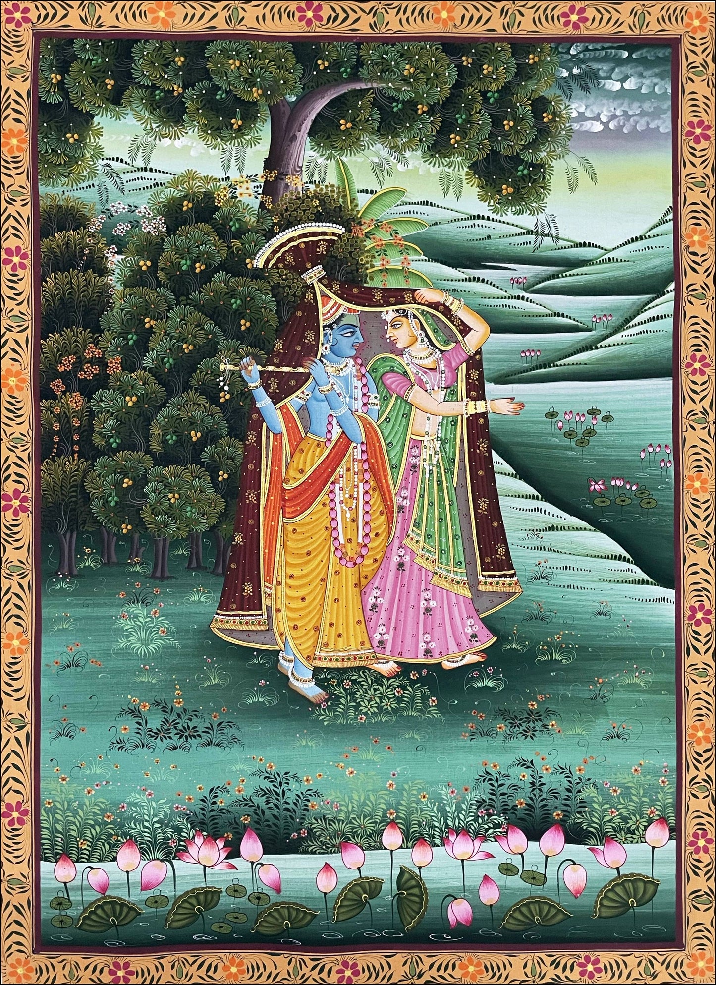 Radha Krishna Detailed Pichwai Handmade Painting on Fabric Krishna Painting, Wall art, Home Decor - Jaipur Earth