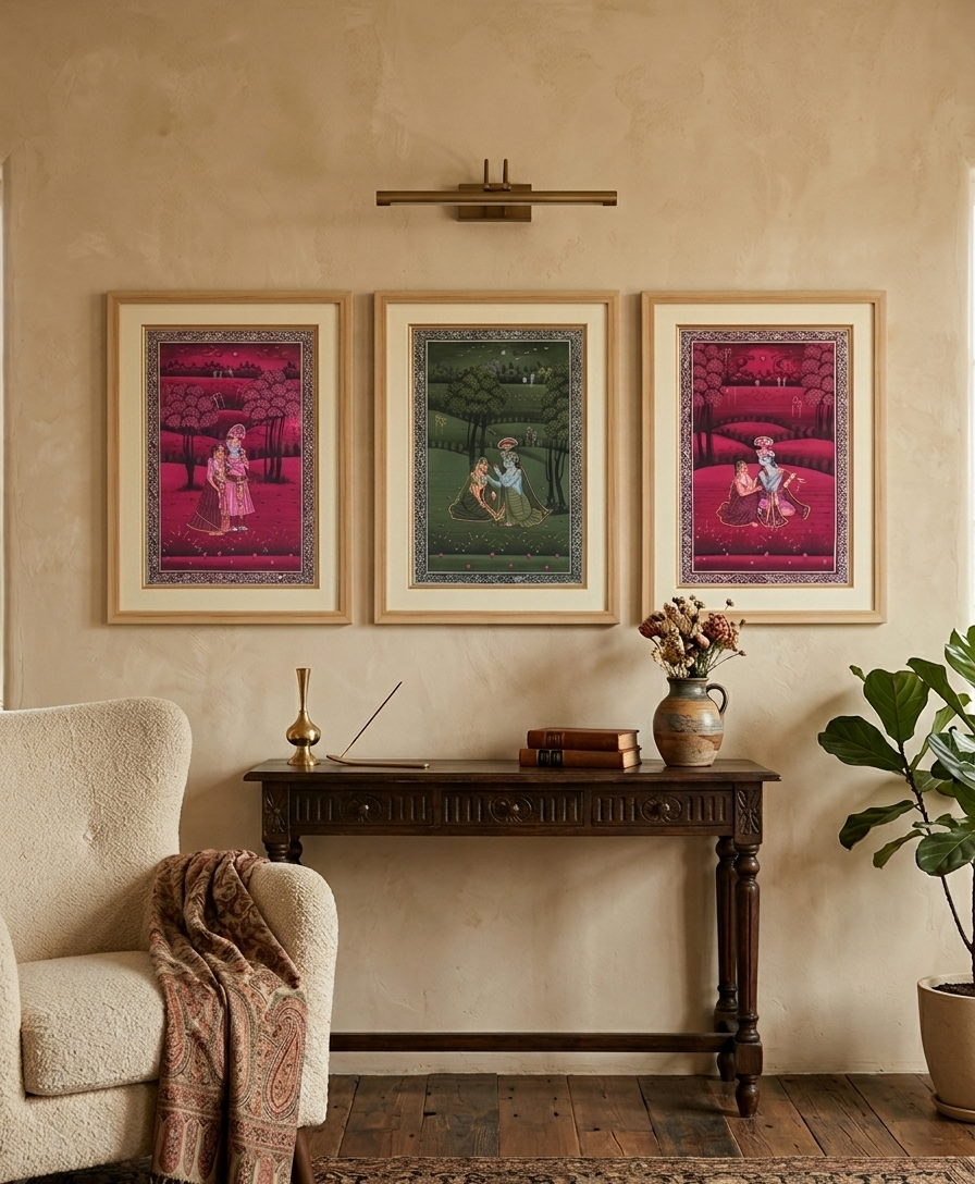 Set of 3 Framed Radha Krishna Detailed Handmade Pichwai Painting – Framed Wall Art for Home Décor